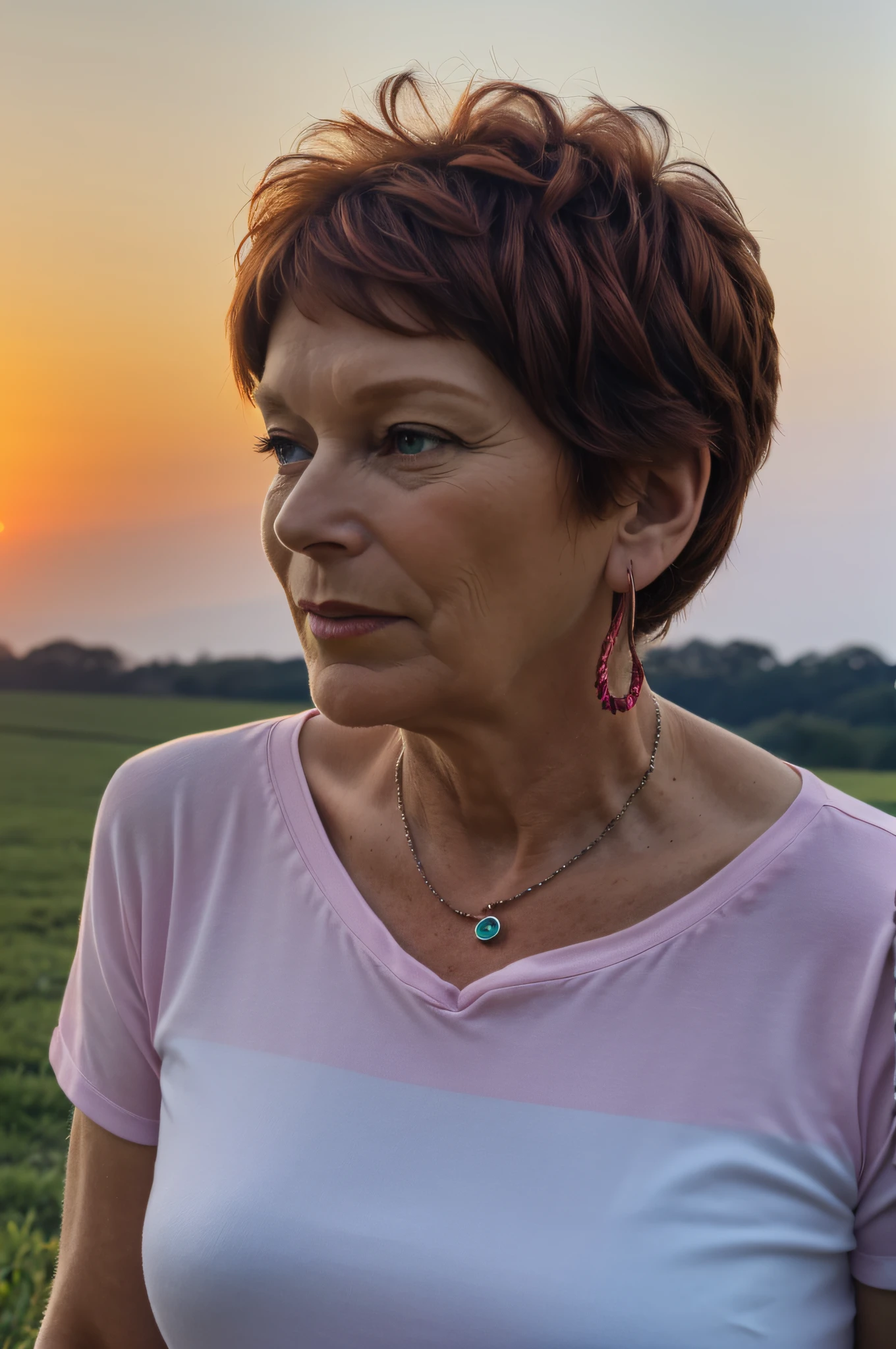 Prompt 3:
With a backdrop of a setting sun, Yolande, aged 60, gazes into the distance. Her t-shirt, a deep ruby red, catches the last light of the day. A radiant glow effect seems to emanate from her, making her the focal point of this evocative scene. The world seems to pause, captivated by her presence.