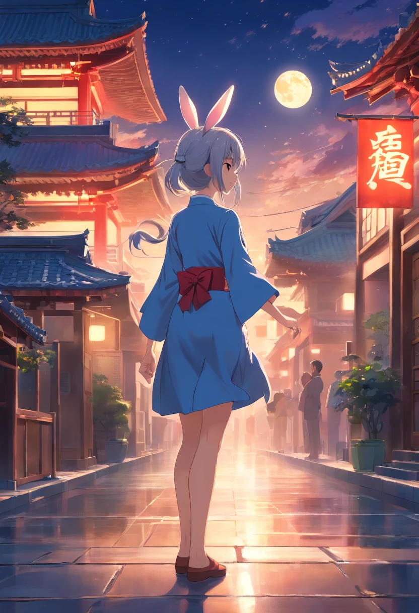 Long hair,the night,full moon,Silver-haired rabbit-eared girl,Outside a group of Chinese buildings, Hug with a cheongsam,A little bunny wearing a scalloped bow hairpin,unreal render,reasonable design, high detal, Masterpiece, Best quality, hyper HD,