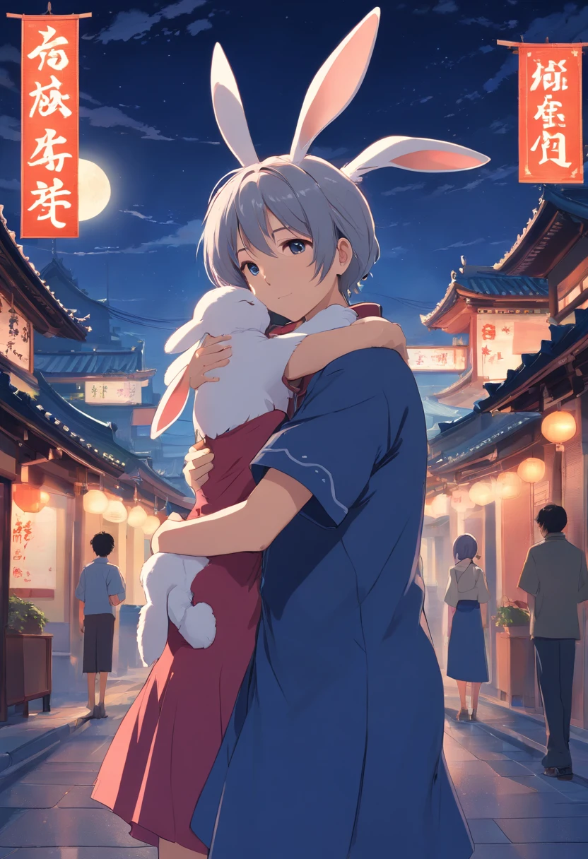 Long hair，the night，full moon，Silver-haired rabbit-eared girl，Outside a group of Chinese buildings, Hug with a cheongsam，A little bunny wearing a scalloped bow hairpin，unreal render,reasonable design, high detal, Masterpiece, Best quality, hyper HD,