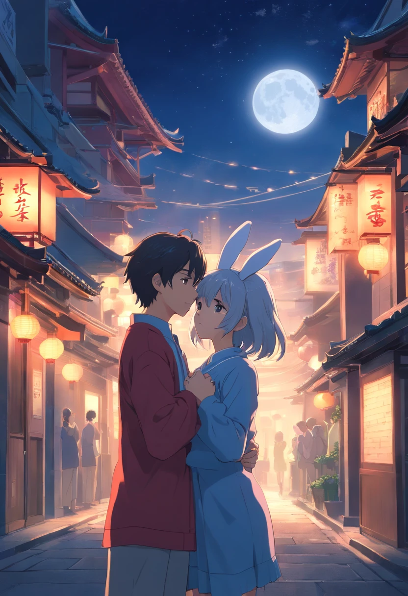 Long hair，the night，full moon，Silver-haired rabbit-eared girl，Outside a group of Chinese buildings, Hug with a cheongsam，A little bunny wearing a scalloped bow hairpin，unreal render,reasonable design, high detal, Masterpiece, Best quality, hyper HD,