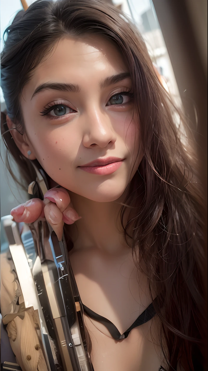 (realistic, photo-realistic:1.37),(8k, RAW photo, best quality, masterpiece:1.2), cute, ultra-detailed,heart-shaped pupils,physically-based rendering, ultra high res, kodakvision color, shot on Arricam LT Camera, bokeh, sharp focus,
looking at viewer,photorealistic,realistic, solo, photorealistic, best quality,extremely detailed face,extremely detailed eyes and face, beautiful detailed eyes,absurdres, incredibly absurdres,haunting smile,Messy hair, floating hair, ,