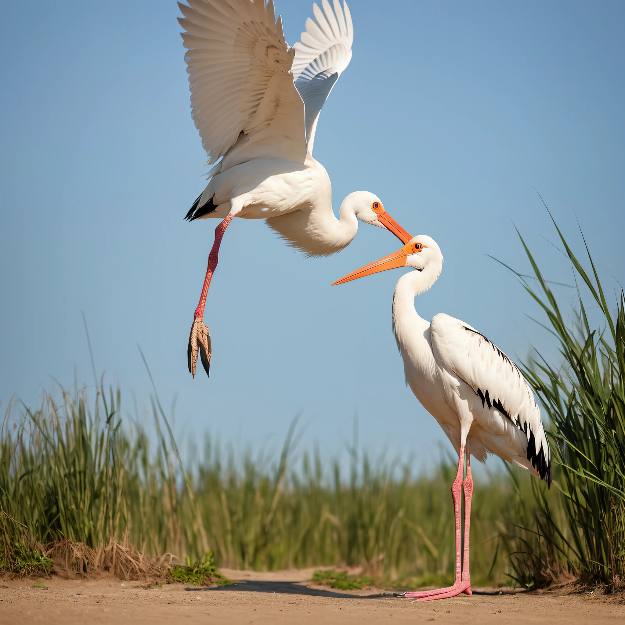 an Asian stork, standing pose, 1 bird, seen from the side, no background, solid blue background