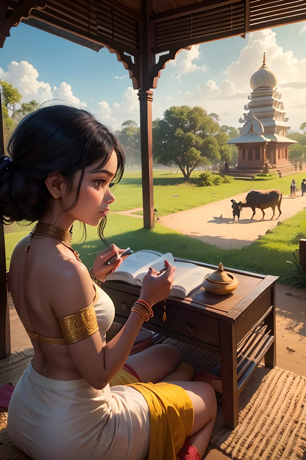 pongal festival, arafed scene of a woman and a man in a field with a cow,  film still, spiritual scene, hindu kovil scene, cartoon still, temple background, by Thota Vaikuntham, a digital rendering, animation still, serene scene, kerala village, eye level view, animated film still, tradition, kuntilanak on bayan tree, hindu art