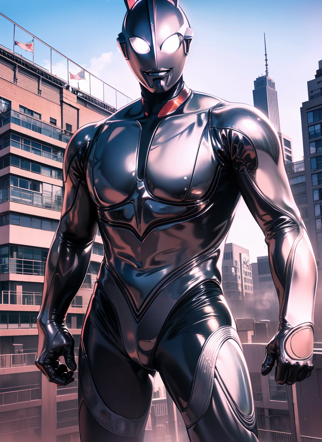 (Masterpiece, Superb Quality, Super Delicate, High Resolution), Male Focus, (((New Ultraman))), ((No Muscles))), (His head is tapered, his body is made of silver, his arms are streamlined, he looks tall and thin, the overall shape is streamlined and modern), (fisting), posing for photos, high angle, dark night, city ruins, background details, (((whole body))), from above, (((sense of greatness)))