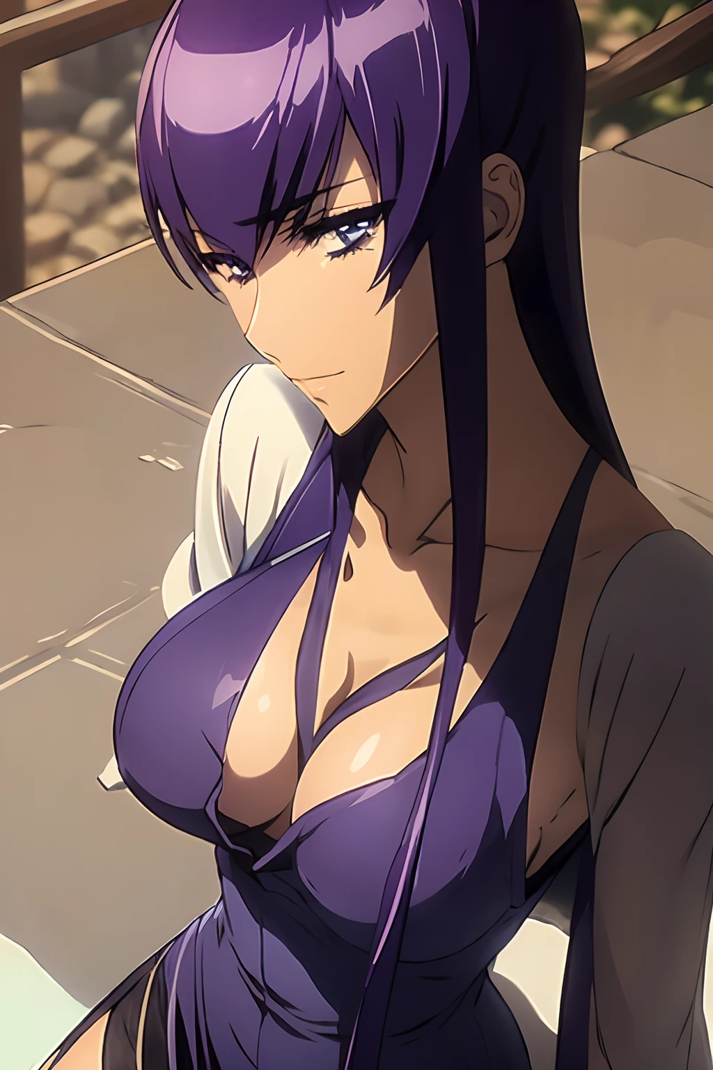 Saeko Busujima con un vestido ostentoso azul, traje de gala azul celeste, vestido de gala, falda larga, salon de baile, castillo, banquete