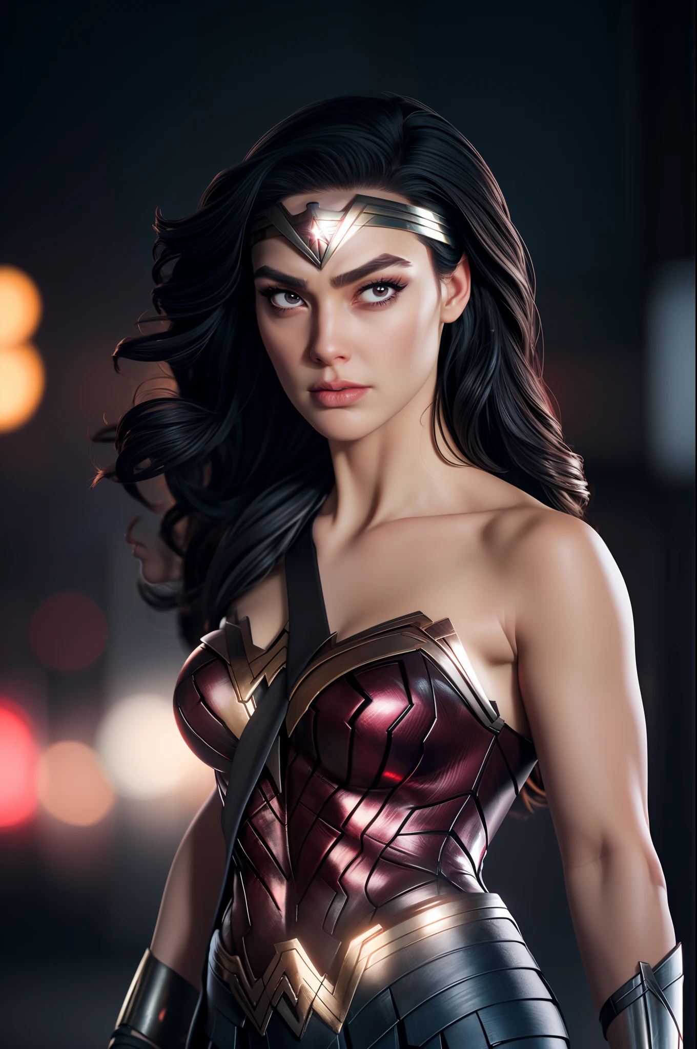 Wonder woman, Portrait photo by Altgarm, realism style, Glowing skin, Cartoon hero, Defined lips, Strong physical strength, Feminine body, Full body, viewer, (serious facial expression:1.2), Depth of field f/1.8, (((looking in camera))), Camera orientation, Building Street, natta, Neon lights, ultra wide lens,