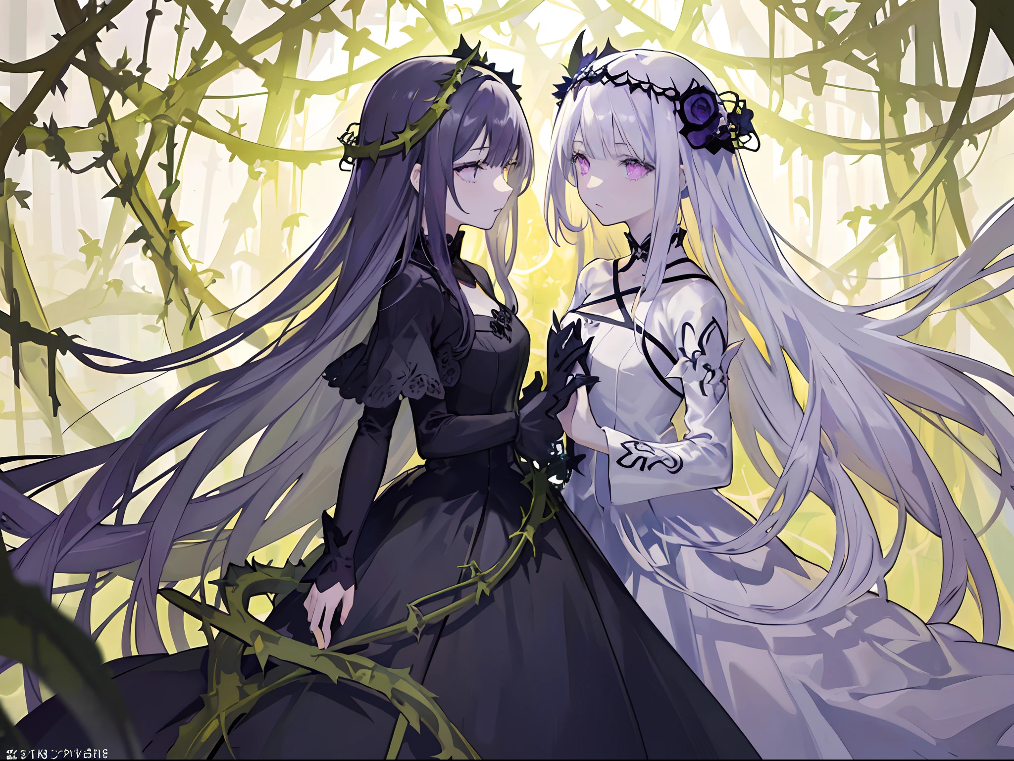 ((masterpiece:1.4, best quality))+, (ultra detailed)+,(ultra detailed eyes)+,
(cute 1girl),15 years old,(violet eyes:1.15),silver hair, very long hair,(wariza:1.2),pale skin,closed mouth,sad,
(She is dressed in a gown made of intertwining vines:1.5),(flat chest:1.2),(vines dress:1.4),(dress made of vines:1.2),(surrounded by vines:1.4),
(despair:1.3),gothic,
(dark yellow vines:1.3),leaves,(vines tree:1.1),
(dawn light:1.2),violet,
(heavy Monochrome:1.16),(depth of field:1.4),