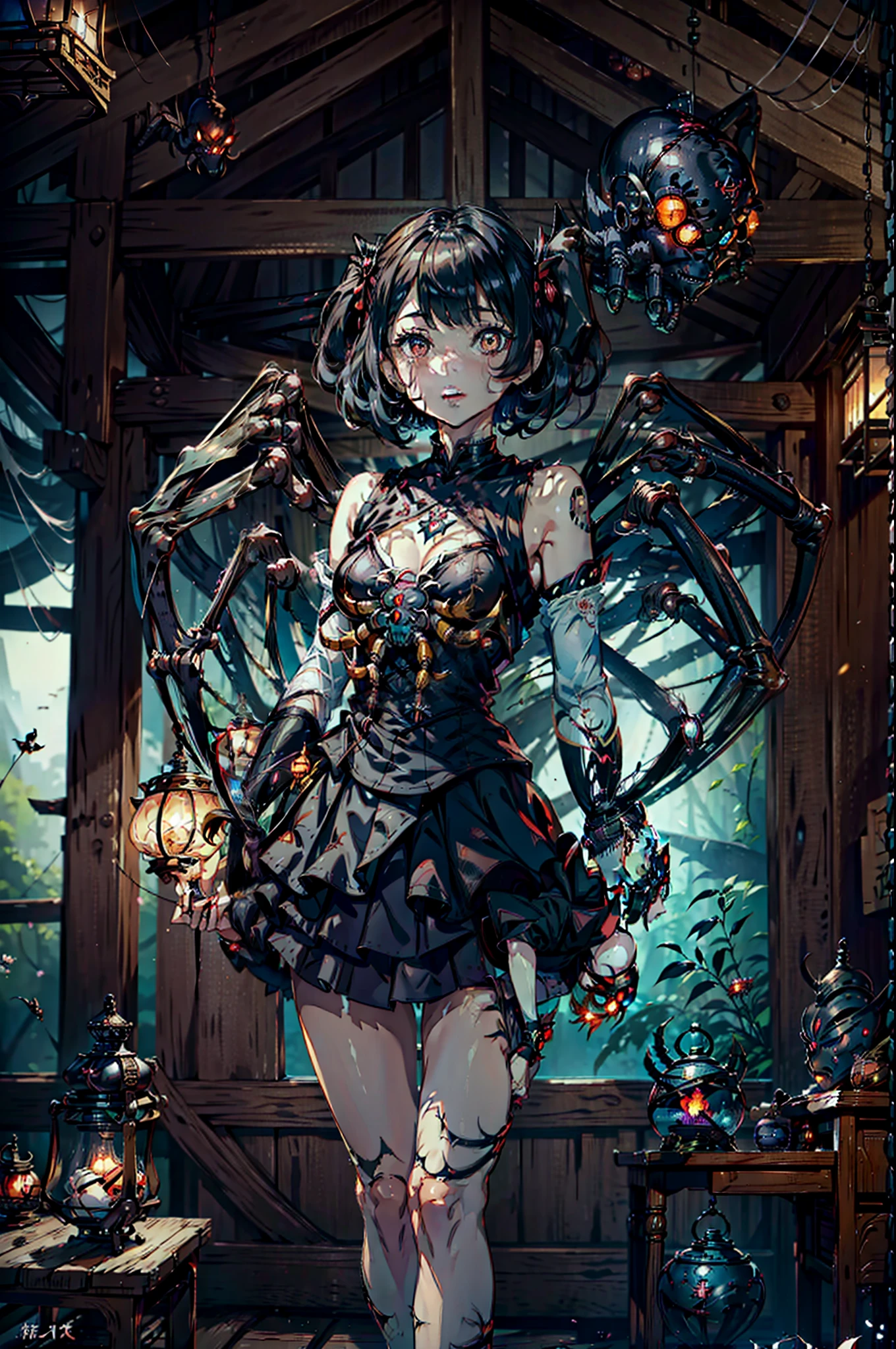 Beautiful girl fused with a spider. Girl in Japanese style maid costume. ((Female Solo. 1.1)) . hiquality. Dark fantasy style illustration. she has short hair. ratex. Shining eyes. Spider legs extending from behind her. tarantula. Embroidery with a spider web pattern. Spider web tattoo. monstergirl. Dark indoor. Wooden house.