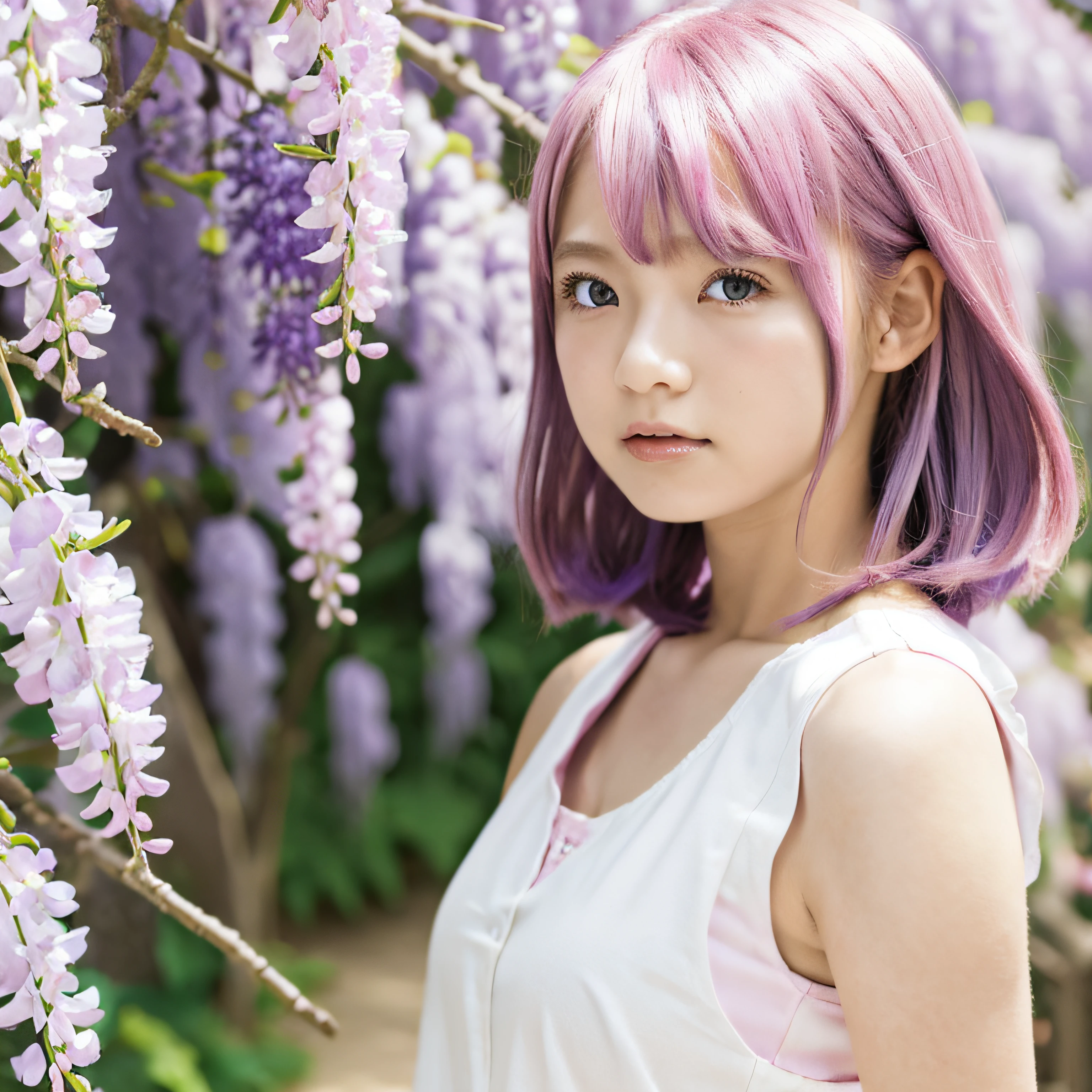 1girl in, Solo, Cute girl with pink hair, Pink eyes, Wisteria flower background, Soft natural light, Sleeveless white shirt