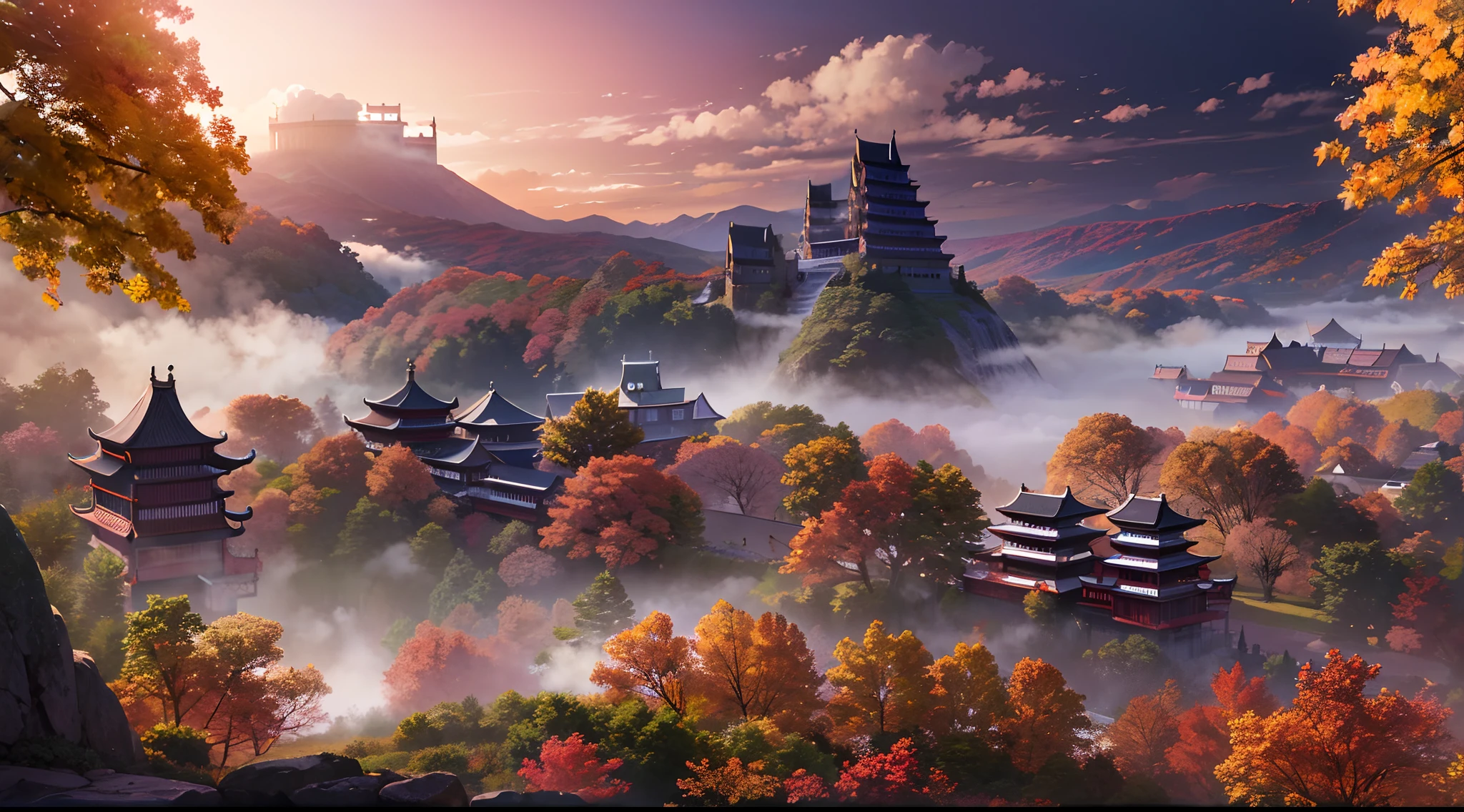 China-style，Ultra-wide angle of view，Beautiful view of autumn，mont，Eau，Cloud fog，fall foliage，oc rendered，high qulity，8K，super-fine，Hyper-realistic，Ultra photo realsisim，35mm camera lens，ultra - detailed