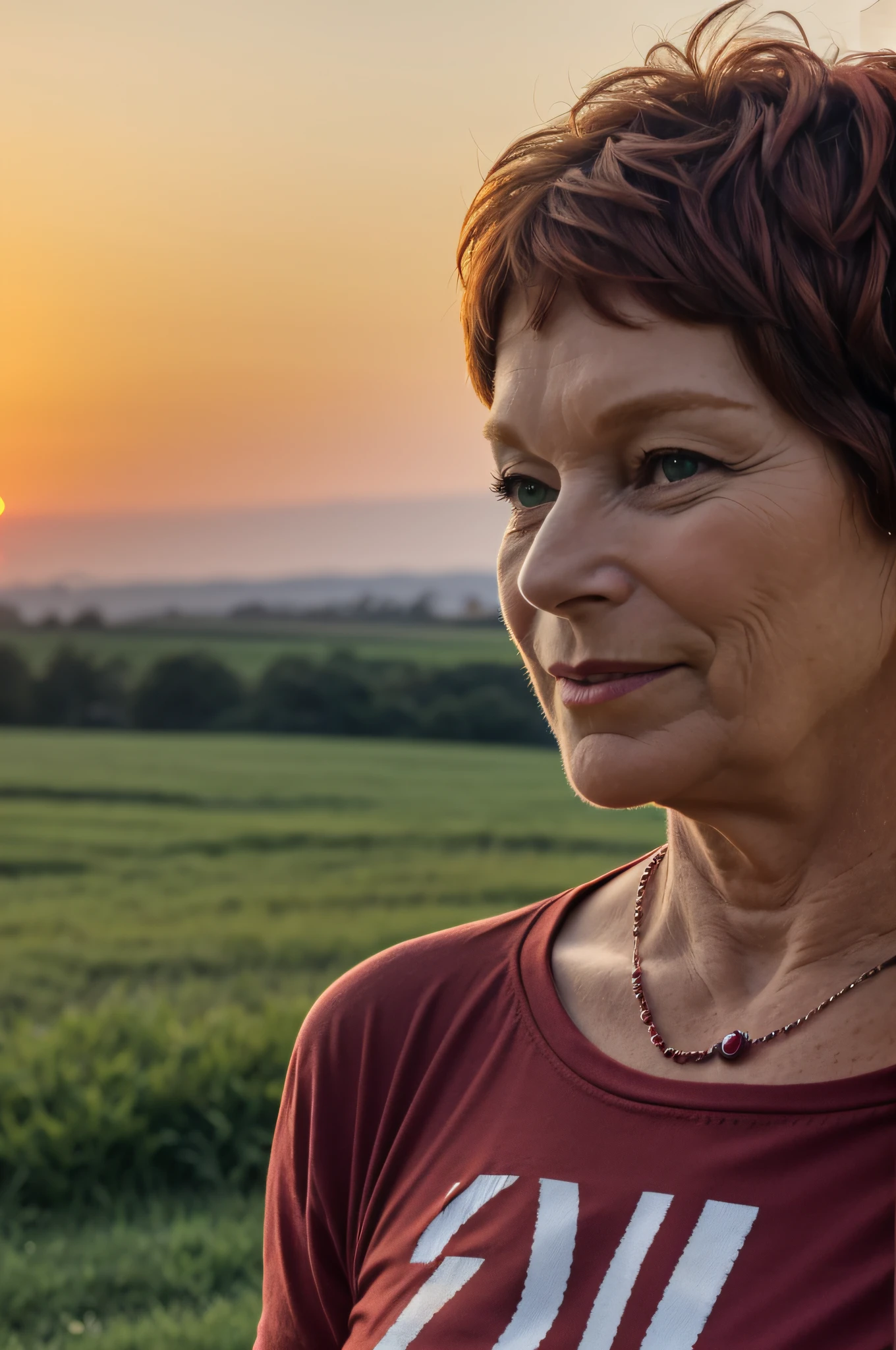 Prompt 3:
With a backdrop of a setting sun, Yolande, aged 60, gazes into the distance. Her t-shirt, a deep ruby red, catches the last light of the day. A radiant glow effect seems to emanate from her, making her the focal point of this evocative scene. The world seems to pause, captivated by her presence.