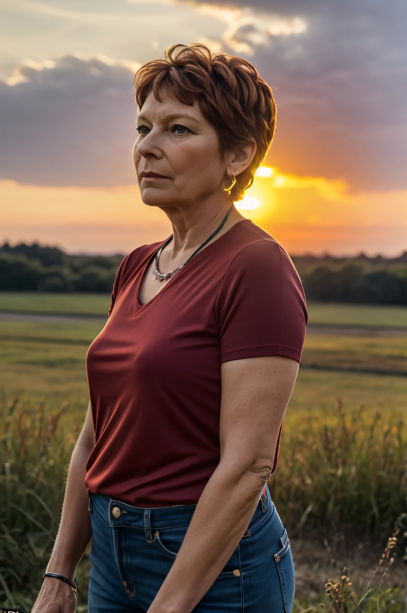 Prompt 3:
With a backdrop of a setting sun, Yolande, aged 60, gazes into the distance. Her t-shirt, a deep ruby red, catches the last light of the day. A radiant glow effect seems to emanate from her, making her the focal point of this evocative scene. The world seems to pause, captivated by her presence.