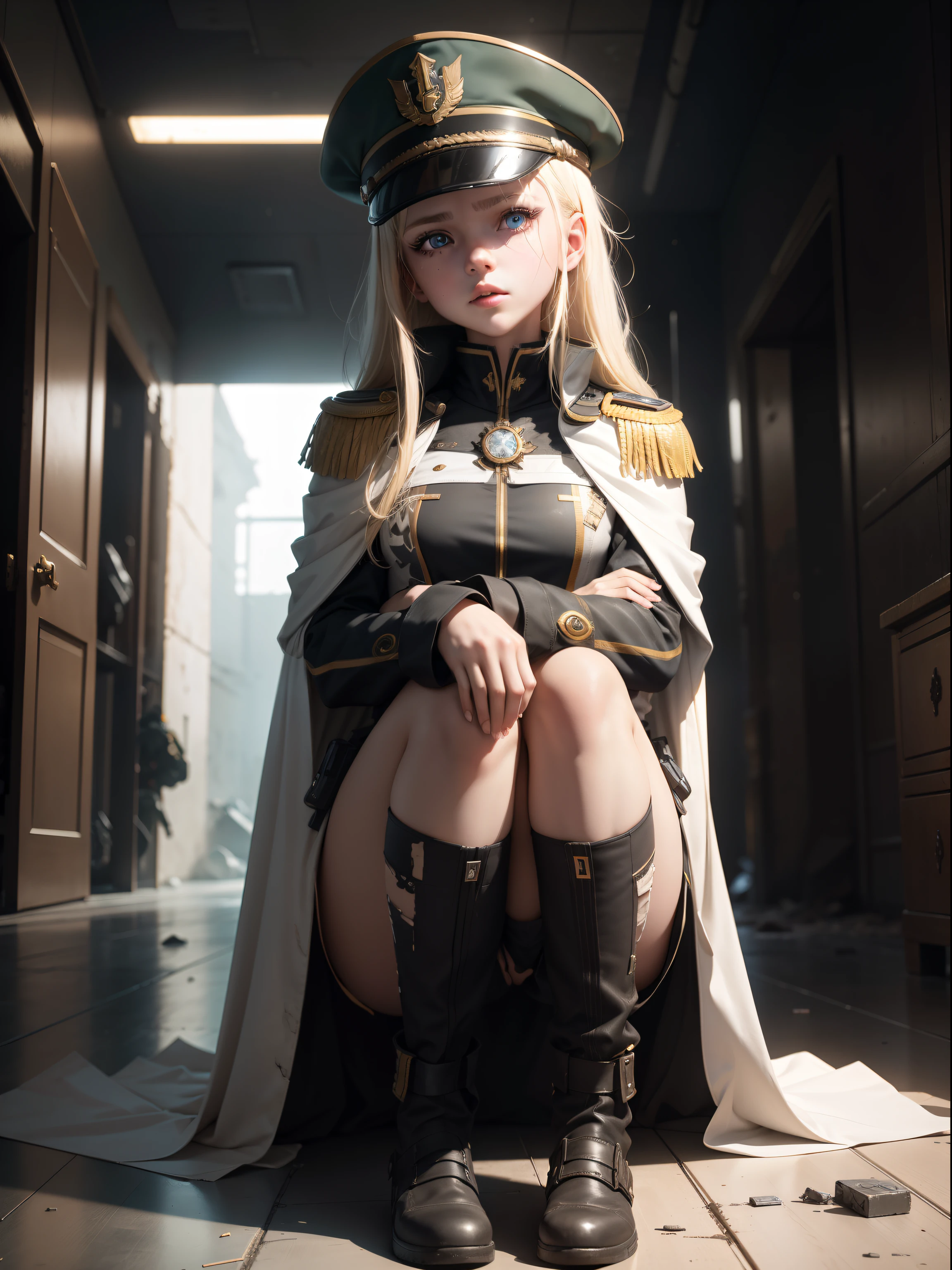 Destroyed towns,3 Ukrainian girls , Ukrainian anime girls , , Ukraine , Full body composition of young girl with messy bright blonde hair, eye make up, , Soft lighting, Solo, Old torn dirty shabby futuristic military uniform, badges, Pose, Blotch color, Octane Render, Hyperrealistic intricate detail, Cinematic, 8K resolution, 70mm, Accent Lighting, Global Illumination, Full body portrait, clean detailed faces, intricate clothing, Cute face, flat chest, Slim waist, Slim legs, small hips,Major's uniform,Major's hat,Holding a handgun,Long jacket,Carrying a cloak,actionpose,Sitting on the floor,with spreading legs,White underwear,