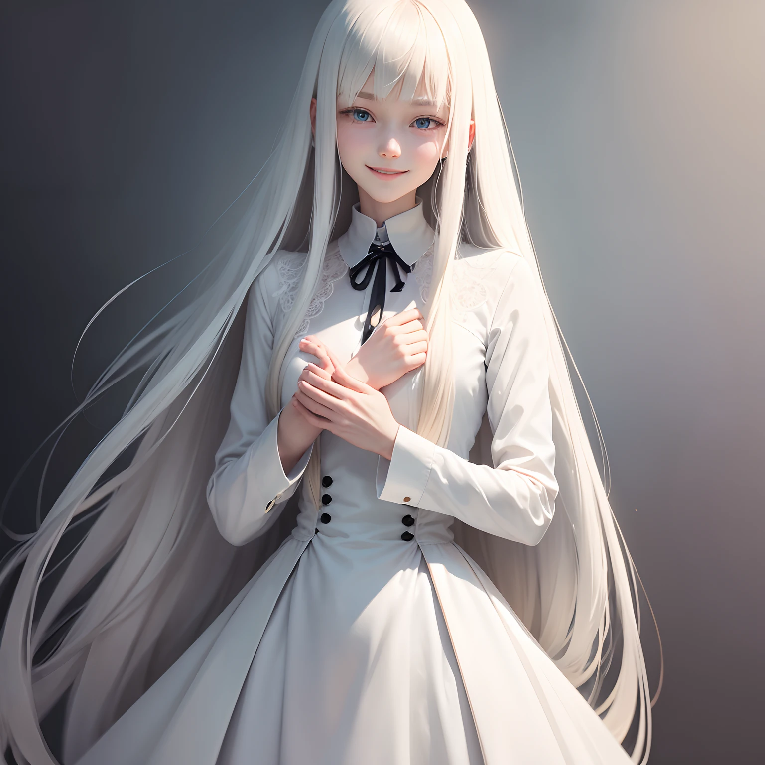 Man smiling and hands on slender man's cheeks with pure white shoulder-length hair is long and beautifully flowing to the waist。