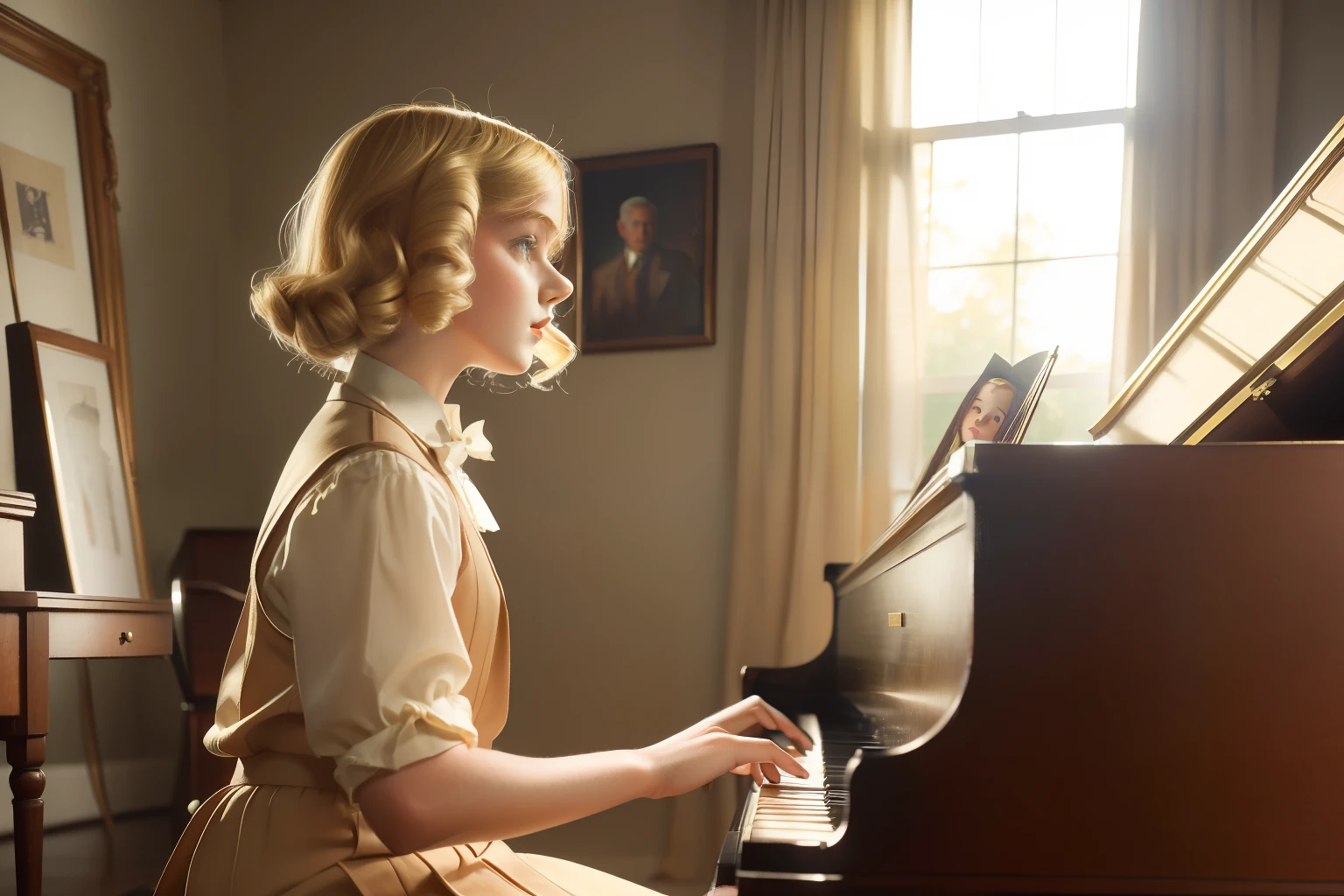 Year: 1939. Location: Memphis, Tennessee. pre-raphaelite tween blonde girl, playing the piano ((with her dad)), ((daylight)), ((1930s rich clothes)) ((1930s hairstyle)) ((in the style of "OMITB")) ((cinematic style))