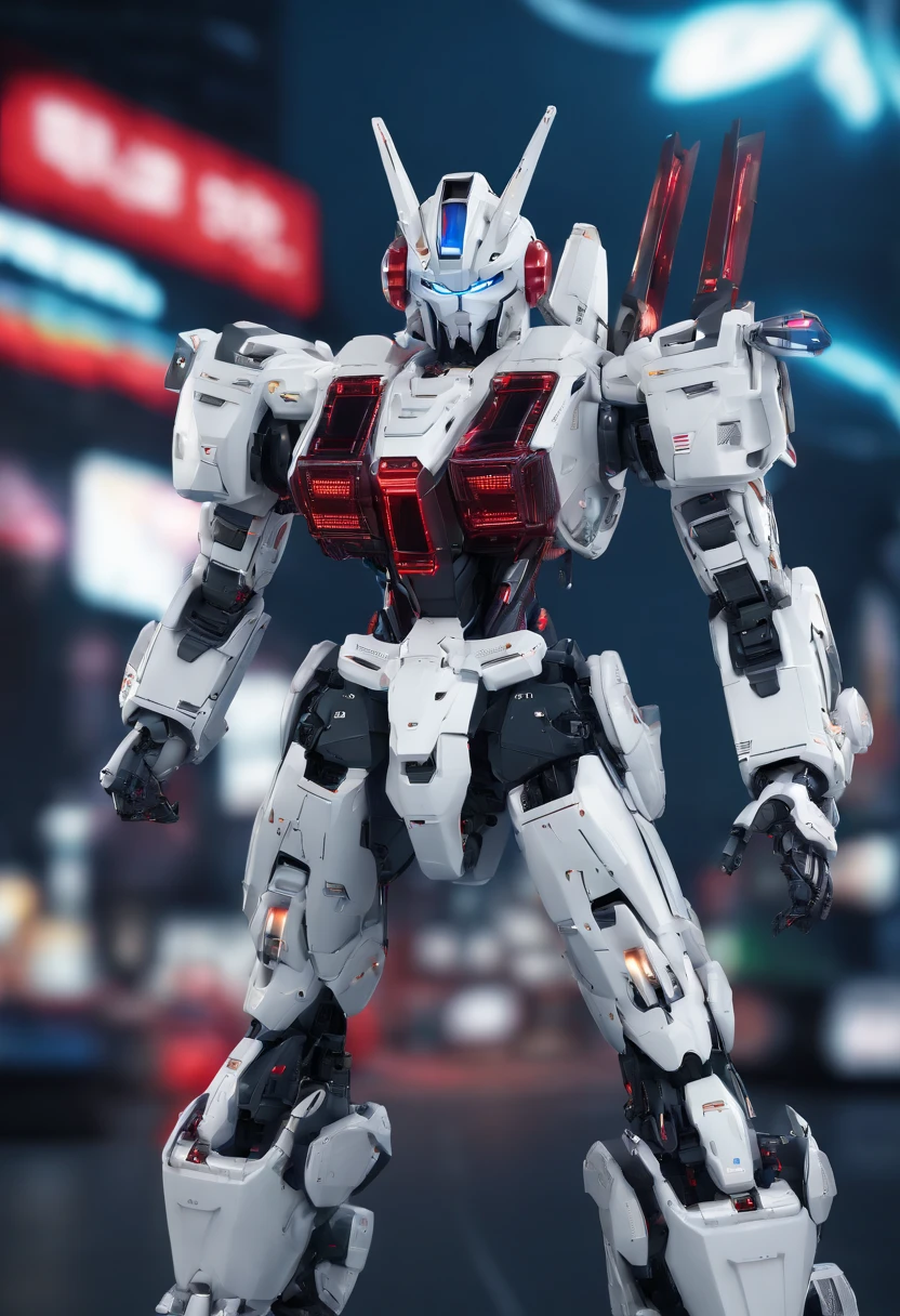 Gundam Mech , Feminine body line,Light equipment,Delicate structure,Science fiction, Front view,Combat stance,Coming to the viewer,Fighting figure, Sense of technology, C4D, OC Renderer, Unreal Engine, high detailing, industrial design, 8K HD, studio lights,Futuristic city night view background(Best Quality,4K,High resolution), Metallic Color:red and white,Pupillary luminescence,Cat-motif design,Feminine body line,Feminine body structure,Patlabor