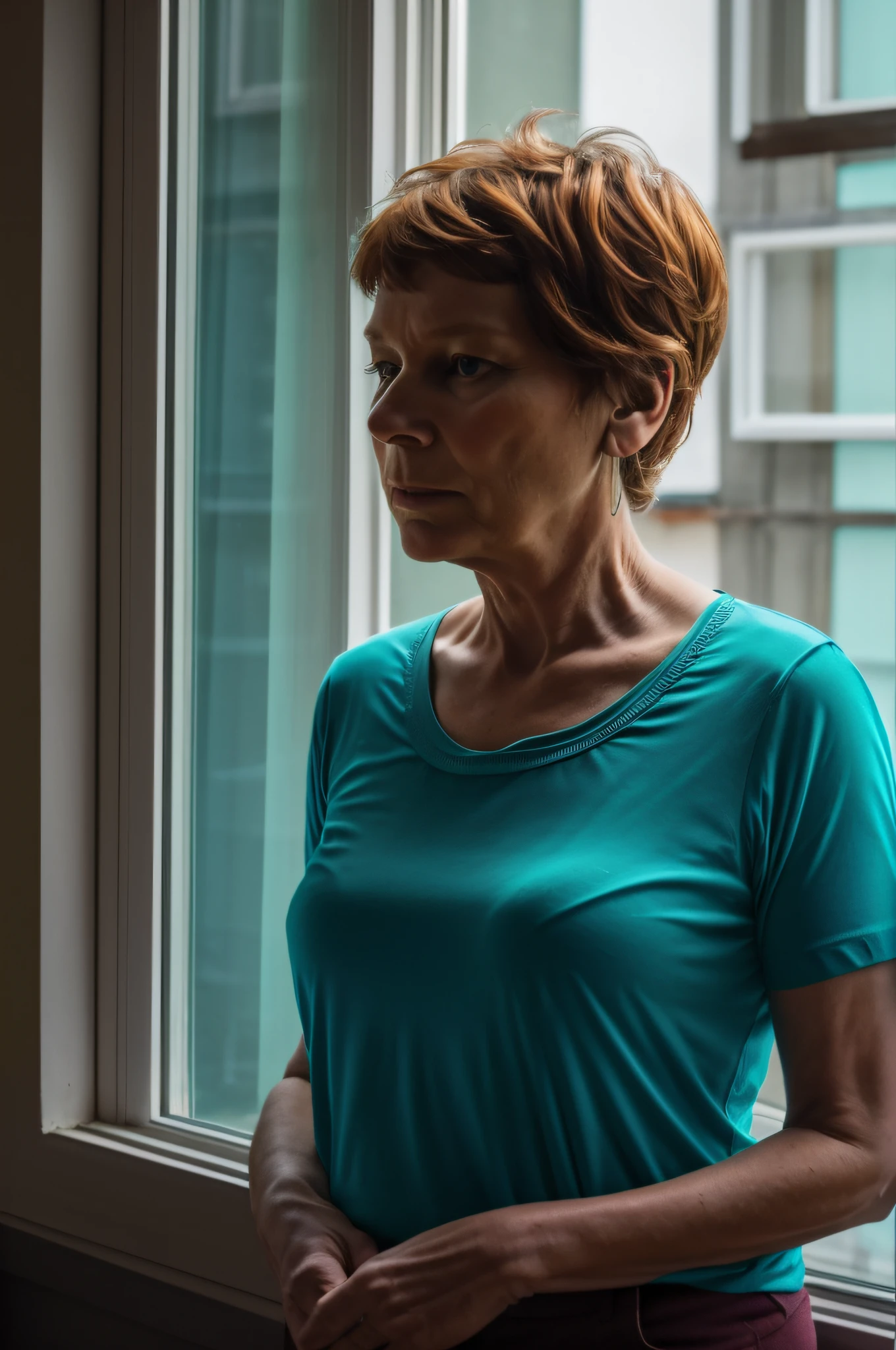 Prompt 5:
Yolande, at the age of 60, stands by a window, lost in thought. The turquoise hue of her t-shirt complements the outside world, and a phosphorescent glow effect adds depth to the scene. It's a moment of reflection, with Yolande's contemplative mood setting the tone.