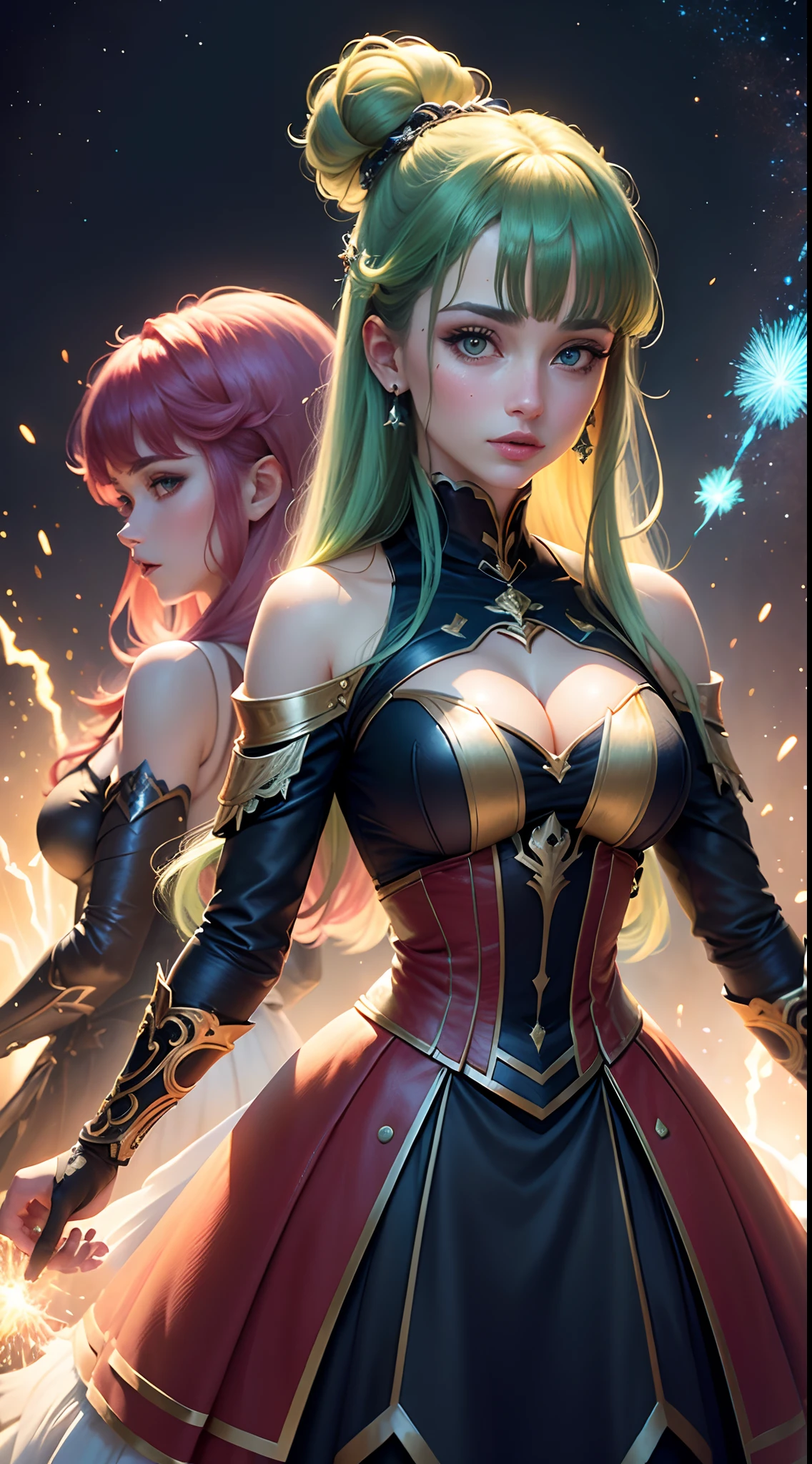 2 Guerreiras de vermelho, 2 mulheres com a magia dourada, The background of the image is dark and starry and full of patches of light with sparks of fire, 2 mulheres de tons de cabelo diferente assim como os olhos, 1 melher tem cabelos Verde/Verde, magical aura, a outra melher de cabelo roxo