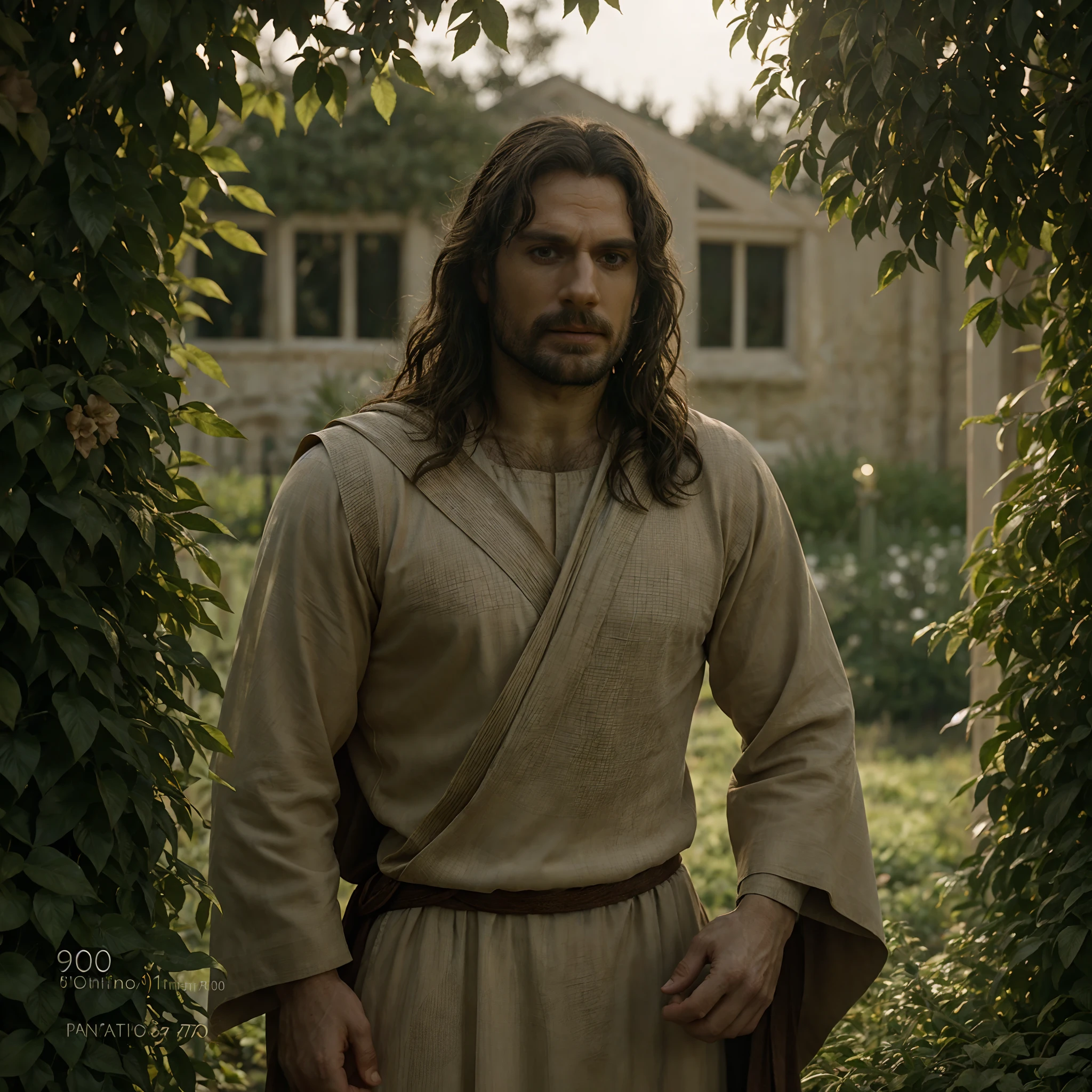 Photograph of a HENRYCAVILL PERSON as Jesus Christ in the Passion of the Christ during his time agonizing in a garden, warm atmosphere, Captured by Panavision Panaflex Platinum Camera with Panavision Primo Primes Spherical Lens 50mm T1.9