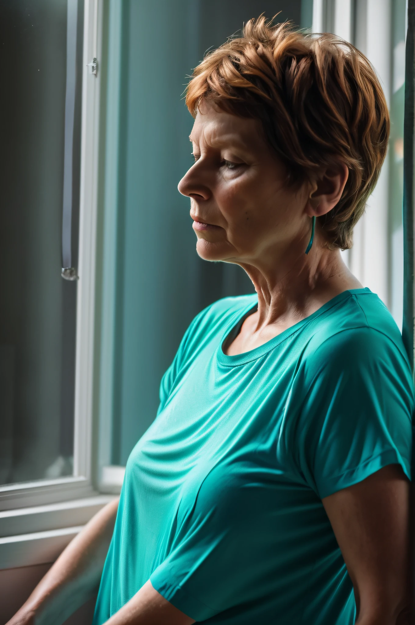 Prompt 5:
Yolande, at the age of 60, stands by a window, lost in thought. The turquoise hue of her t-shirt complements the outside world, and a phosphorescent glow effect adds depth to the scene. It's a moment of reflection, with Yolande's contemplative mood setting the tone.