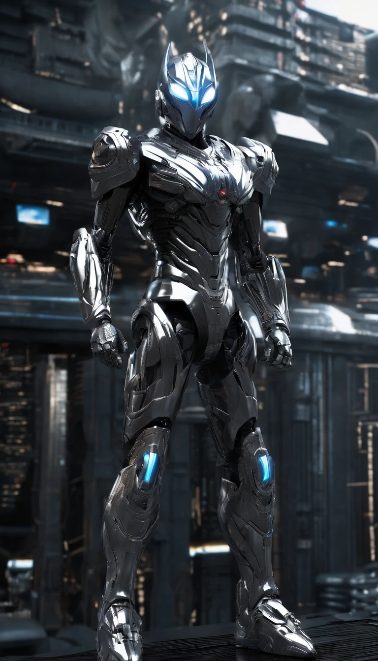 (Masterpiece, Superb Quality, Super Delicate, High Resolution), Male Focus, (((New Ultraman))), ((No Muscles))), (His head is tapered, his body is made of silver, color blue and silver, his arms are streamlined, he looks tall and thin, the overall shape is streamlined and modern), (fisting), posing for photos, high angle, dark night, city ruins, background details, (((whole body))), from above, (((sense of greatness)))