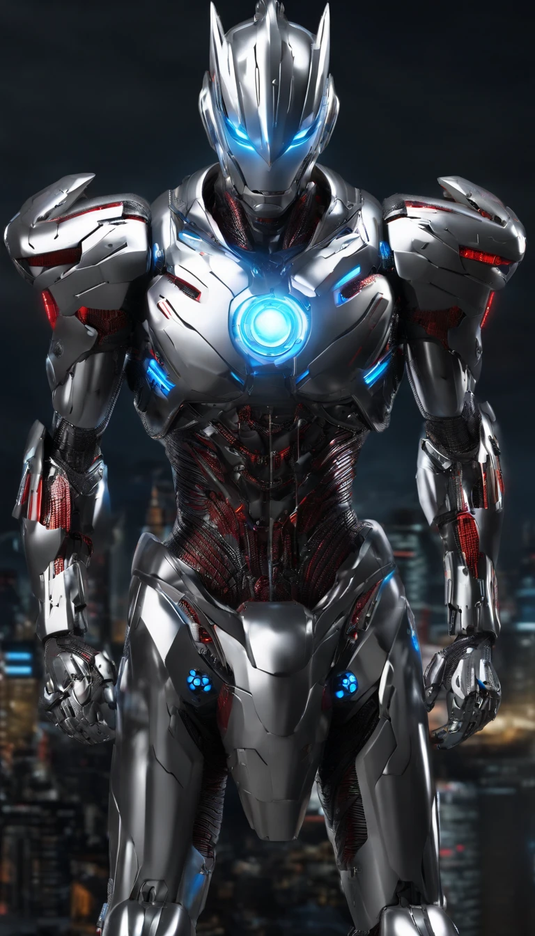 (Masterpiece, Superb Quality, Super Delicate, High Resolution), Male Focus, (((New Ultraman))), ((No Muscles))), (His head is tapered, his body is made of silver, color blue and silver, his arms are streamlined, he looks tall and thin, the overall shape is streamlined and modern), (fisting), posing for photos, high angle, dark night, city ruins, background details, (((whole body))), from above, (((sense of greatness)))