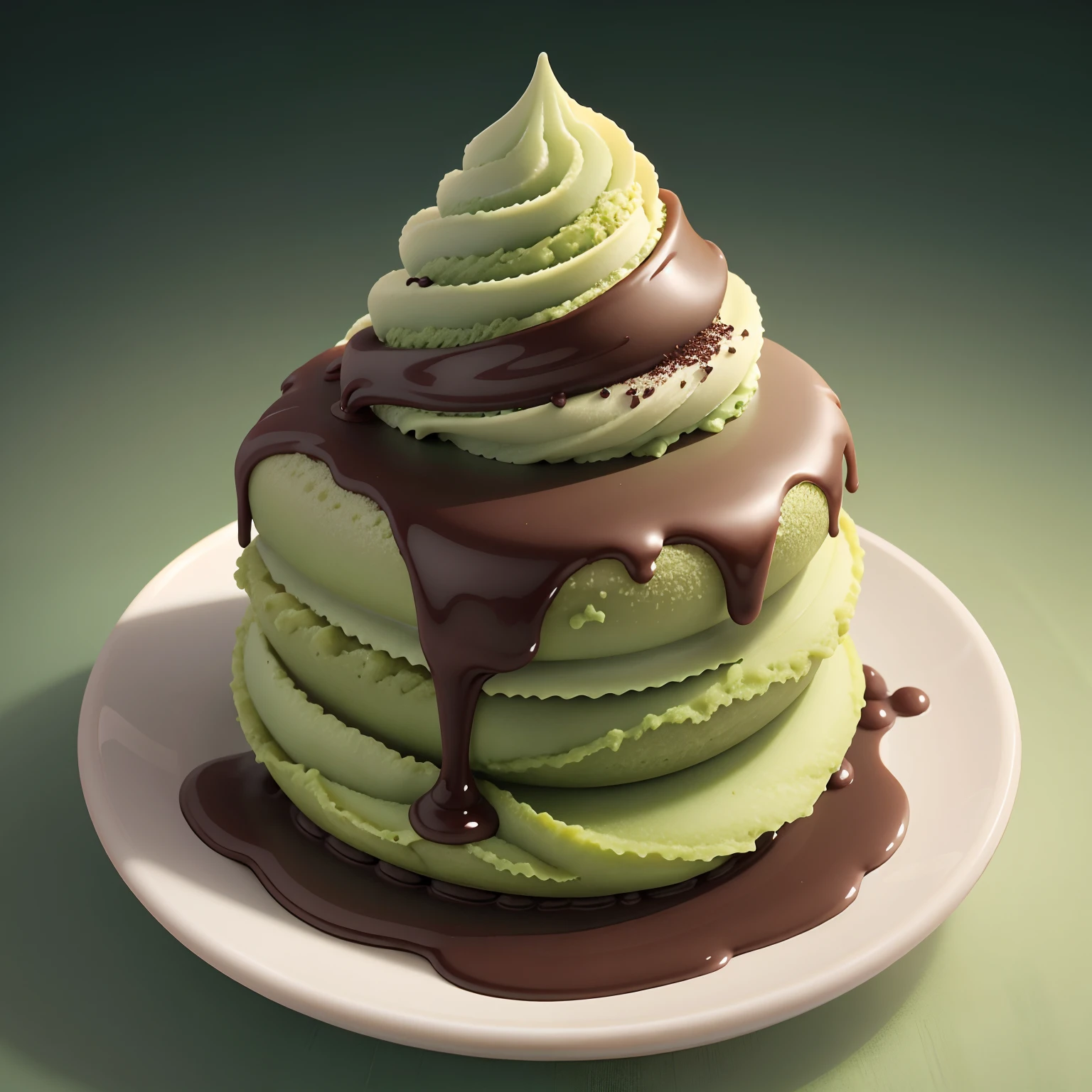 Matcha ice cream cones,Top with dark chocolate sauce,soft,Delicious, Full shot,Vibrant green background,Realistic and detailed images,Ultra-clear,HighestQuali,Food wallpapers