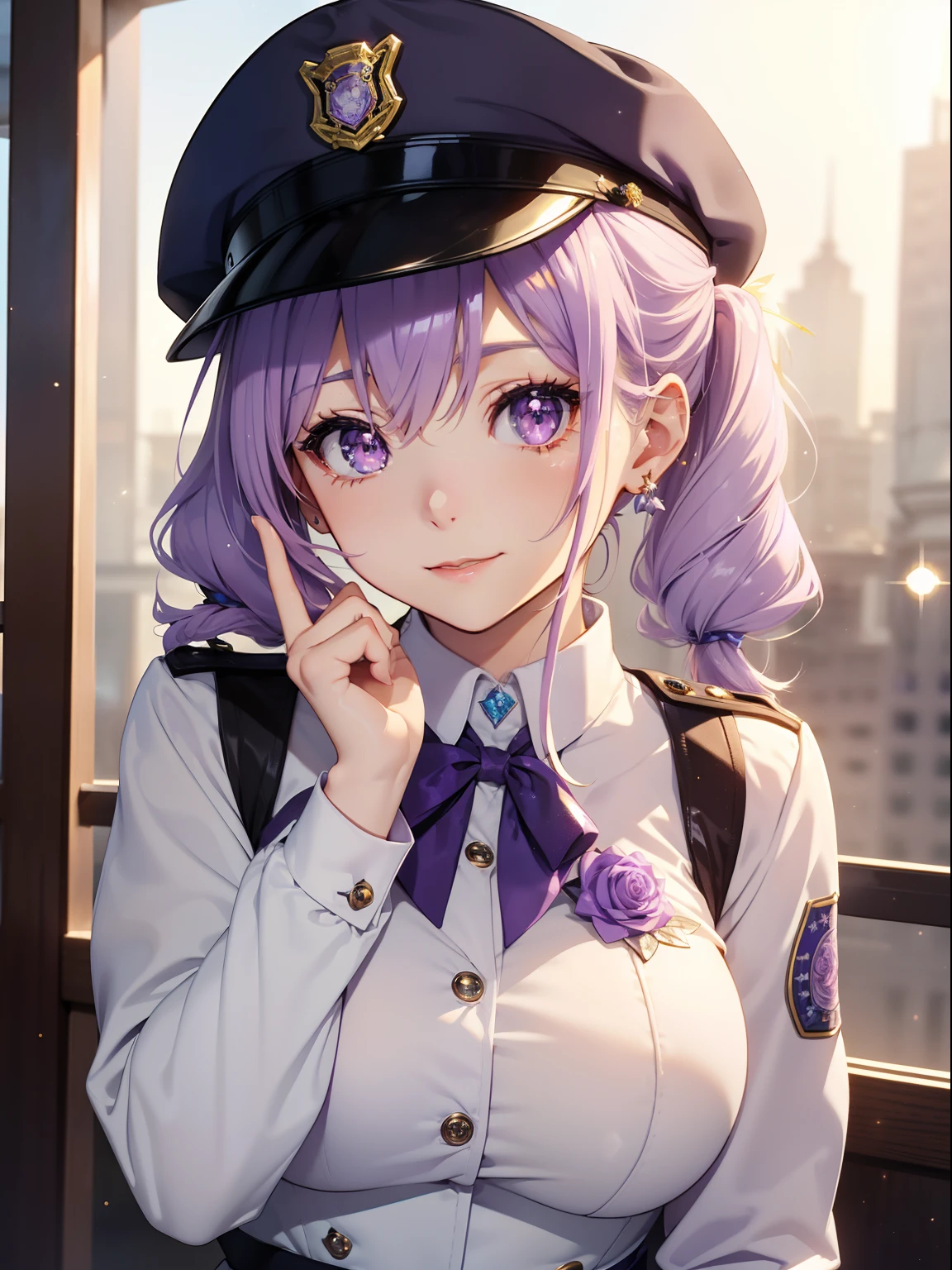 masutepiece, High resolution, 8K, anime woman, Delicate and detailed writing 、Detailed digital illustration、(((Straight pigtail)))、Shiny hair、Bangs、a very beautiful woman、Eyes are double, Large, (((Bust is an A cup)))、High image quality, High quality、Detailed background、(((Cute uniform in white and lilac color)))、The inside of the eye shines like a diamond、Light purple hair、Gradient pupil、(((2 arms、4 fingers, 1 thumb)))、Detailed female face、Very beautiful and cute woman、、细致背景、​masterpiece、Soft Focus , Bright gradient watercolor , Lens Flare , (((Glitter))) , Glow , Dreamy , Light Purple Ribbon、(((Very Beautiful Light Purple Rose Hair Accessories)))、Light purple and gold uniform with white as the main color、Big smile、rainbows、(((Police Uniform:1.2)))、Put on handcuffs、Clear sky in the evening、(((Police Hat)))