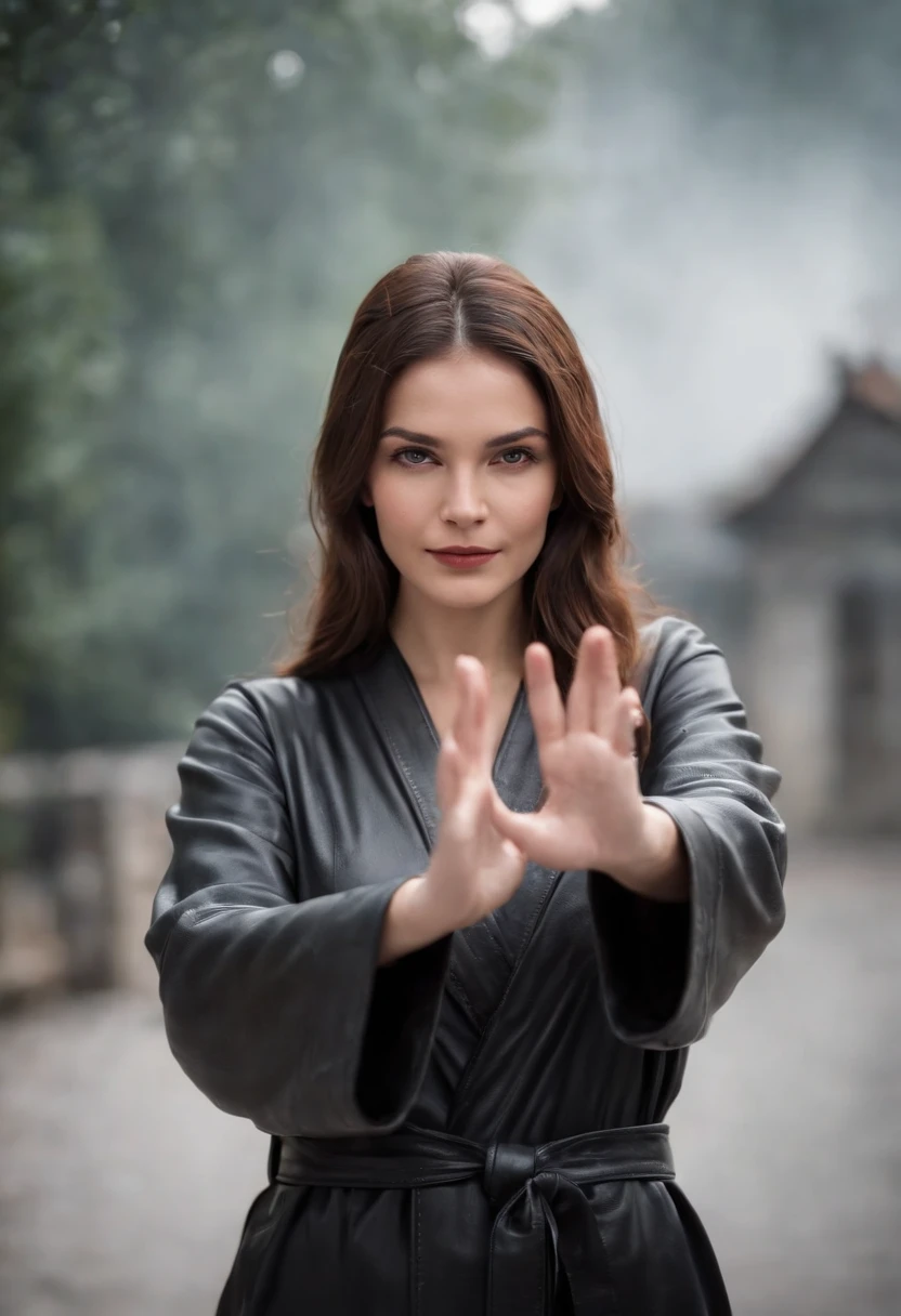 A woman wearing a black leather robe with five fingers in both hands