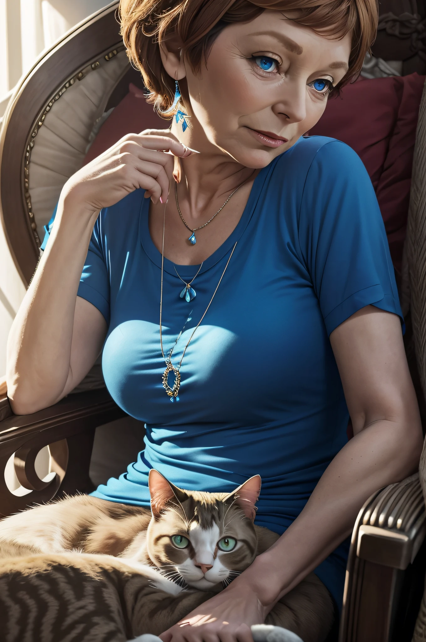 Prompt 2:
Yolande, now in her 60s, reclines gracefully on a chaise lounge, with a curious Siamese cat purring by her side. The sapphire blue of her t-shirt contrasts beautifully with the room's muted tones. A soft luminescent glow surrounds her, adding a touch of mystery and allure to the scene. The cat, with its striking blue eyes, seems to be in a trance, captivated by the glow. The light plays tricks on the eyes, making it seem as if Yolande and the cat are part of a dream.