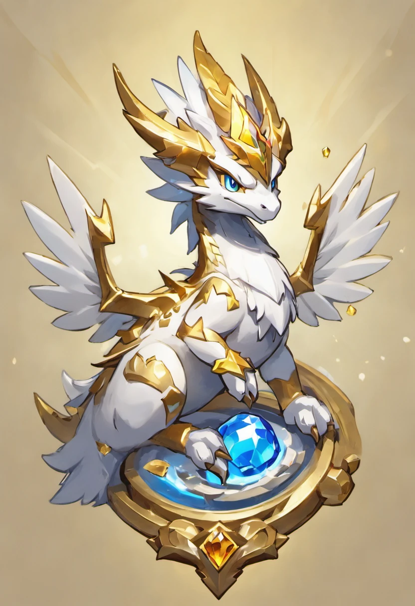 A metal dragon，hearthstone art style, Hearthstone style art, hearthstone concept art, Riot game concept art, style of league of legends, iconic character splash art, League of Legends crown，Game Boss，Surrounding metal feathers，White with gold texture，c4d渲染，Less detail，less detailing，Metal faucet，The head has gorgeous gemstones