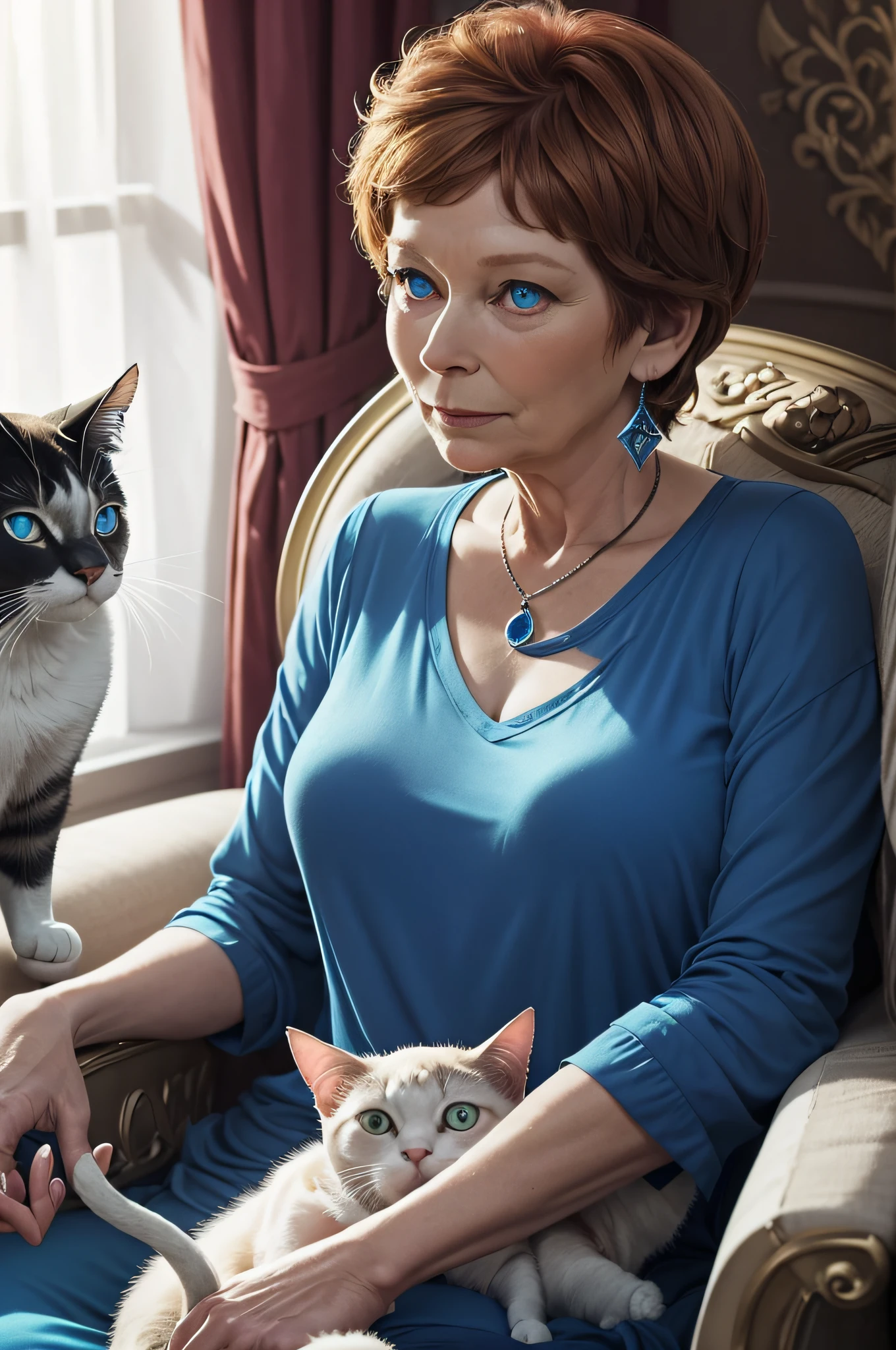 Prompt 2:
Yolande, now in her 60s, reclines gracefully on a chaise lounge, with a curious Siamese cat purring by her side. The sapphire blue of her t-shirt contrasts beautifully with the room's muted tones. A soft luminescent glow surrounds her, adding a touch of mystery and allure to the scene. The cat, with its striking blue eyes, seems to be in a trance, captivated by the glow. The light plays tricks on the eyes, making it seem as if Yolande and the cat are part of a dream.