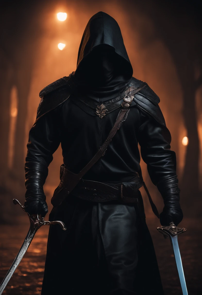 Realistic, 4K, Man in black, one sword, Hood in war background image