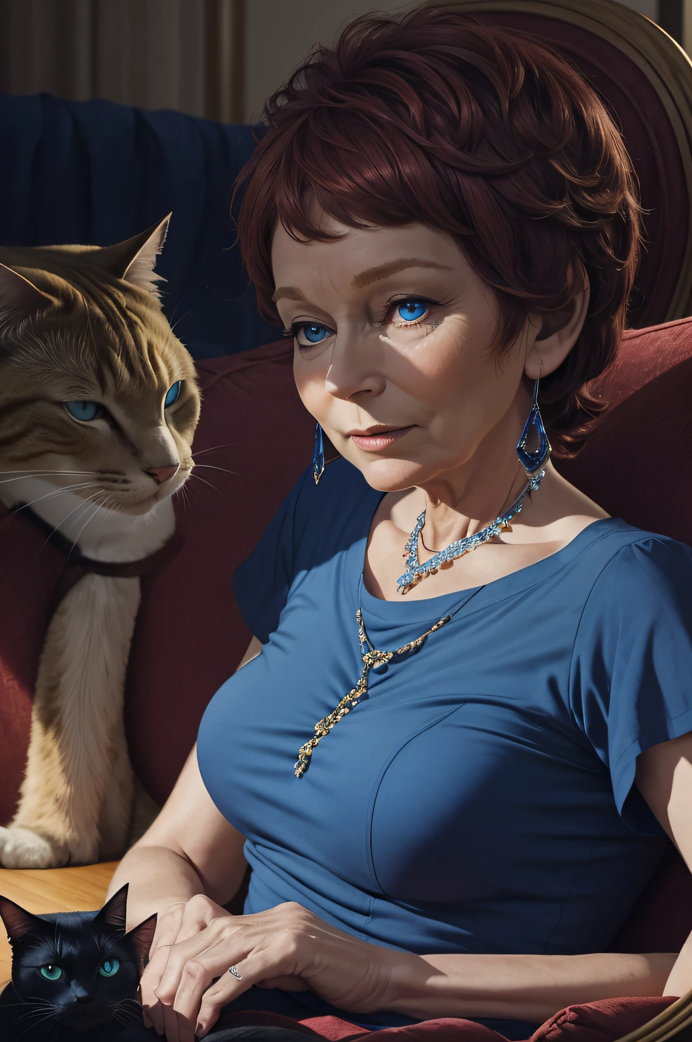 Prompt 2:
Yolande, now in her 60s, reclines gracefully on a chaise lounge, with a curious Siamese cat purring by her side. The sapphire blue of her t-shirt contrasts beautifully with the room's muted tones. A soft luminescent glow surrounds her, adding a touch of mystery and allure to the scene. The cat, with its striking blue eyes, seems to be in a trance, captivated by the glow. The light plays tricks on the eyes, making it seem as if Yolande and the cat are part of a dream.