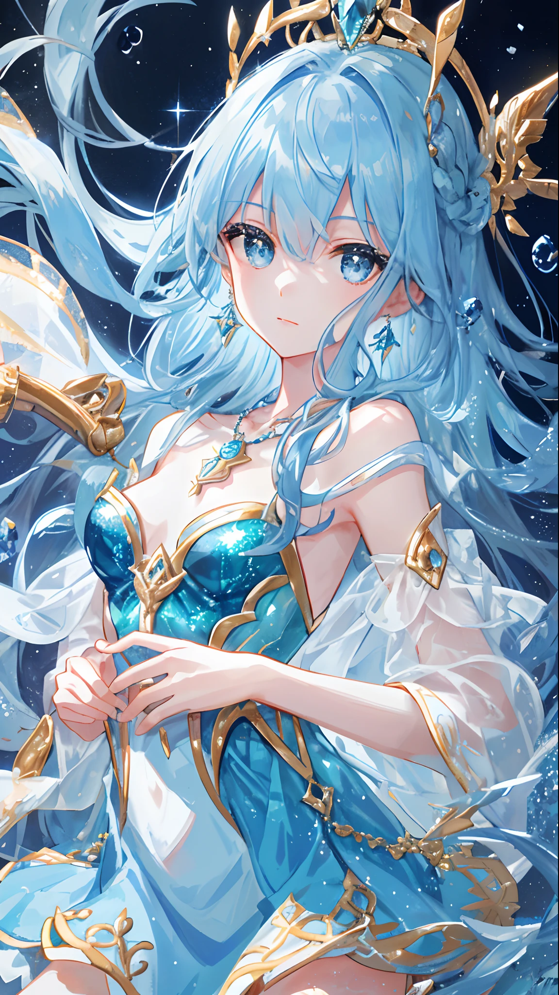 Masterpiece, superb, illustration, saxophone blue, platinum earrings, 1girl, cute, (dynamic light: 1.2), light, exquisite facial features, detailed eyes, sharp pupils, realistic pupils, depth of field, background blur, clear focus , (ultra-detailed, halo, glow: 1.4), many small gemstones, a crown woven with golden silk thread is worn in the ice blue hair, the ears behind the hair have pointed ears, the girl has a beautiful face, a pair of The necklace with the blue crystal pendant falls between the collarbone, and below it is the full white chest. She is wearing a water blue long dress, which is exquisite and gorgeous. The skirt has small pendants in the shape of water droplets made of various gemstones