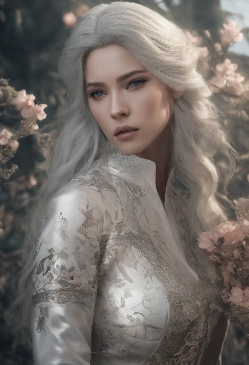Cirilla Fiona Elen Riannon,(From the outside) , many color,Best quality at best,8K,real photograph,Delicate skin details,tmasterpiece,photograph of-realistic,Complicated details,RAW photogr,on the garden,ssmile,florals,Gorgeous cheongsam,Extra-long hair,cropped shoulders,delicated face,Expose cleavage,decorations,Perfect Finger,Dissection is correct,shiny skins