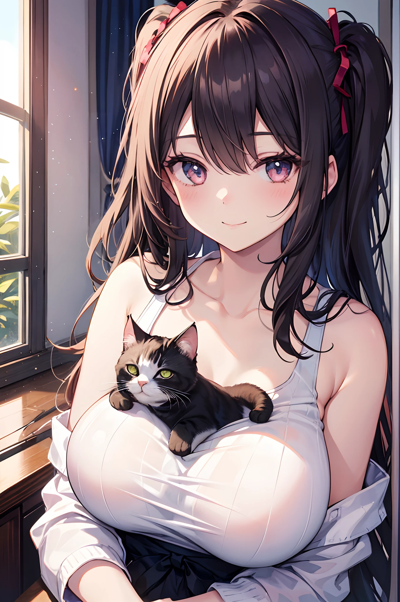 1girl, a cute cat sleep between the breasts, large breast, tank top, beautiful girl, in the room, smile