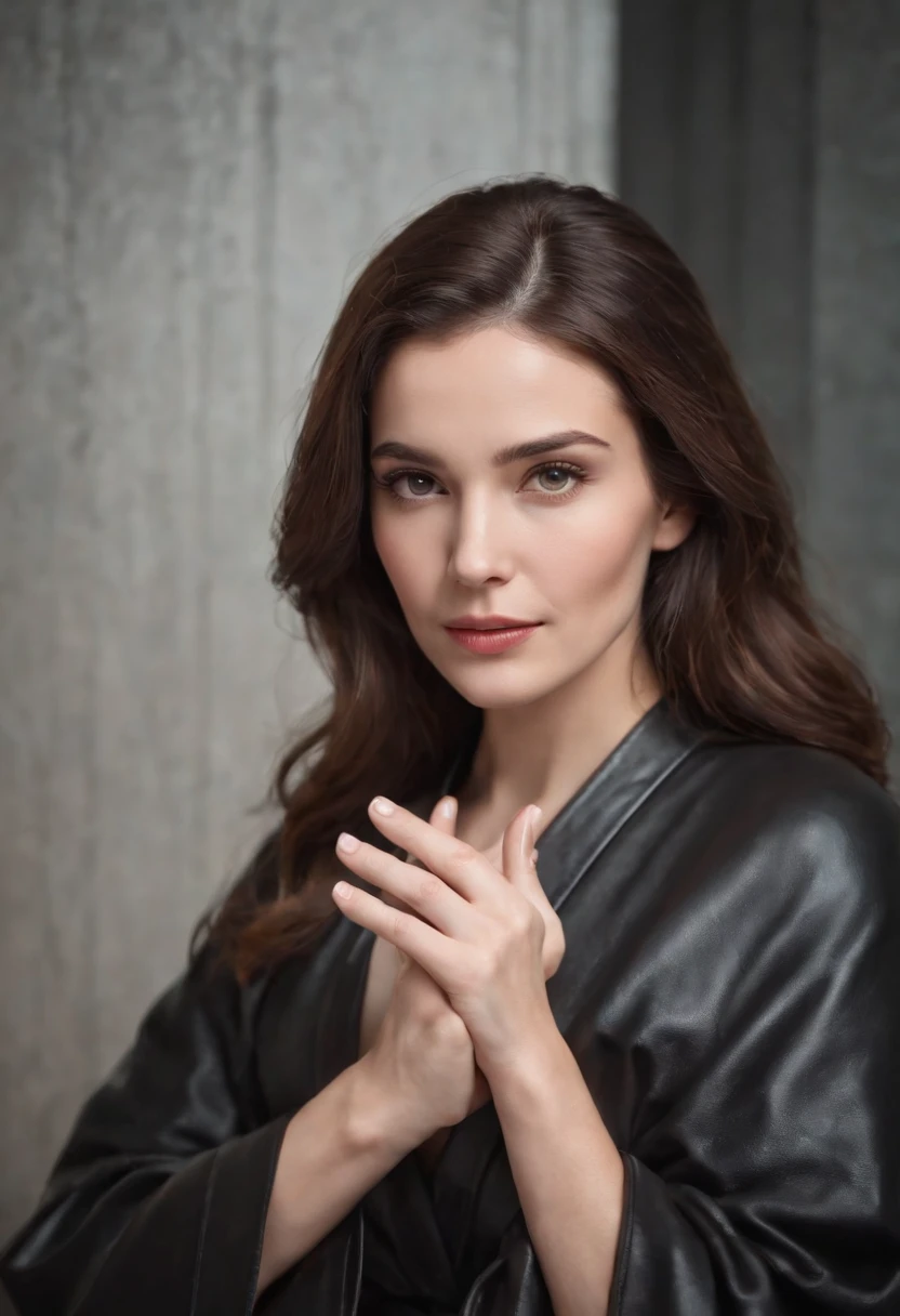 A woman wearing a black leather robe with five fingers in both hands