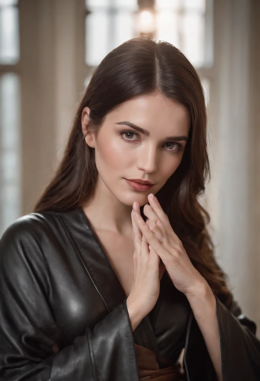 A woman wearing a black leather robe with five fingers in both hands