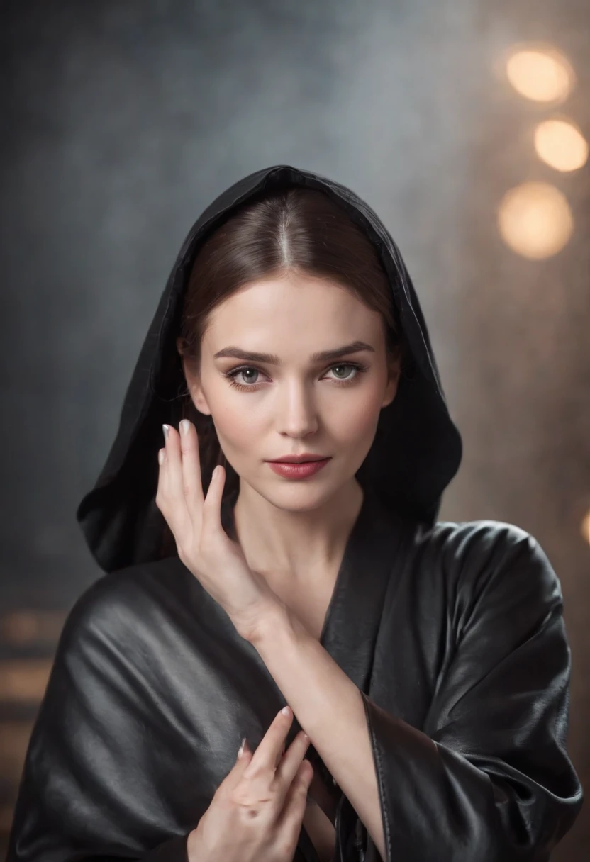 A woman wearing a black leather robe with five fingers in both hands