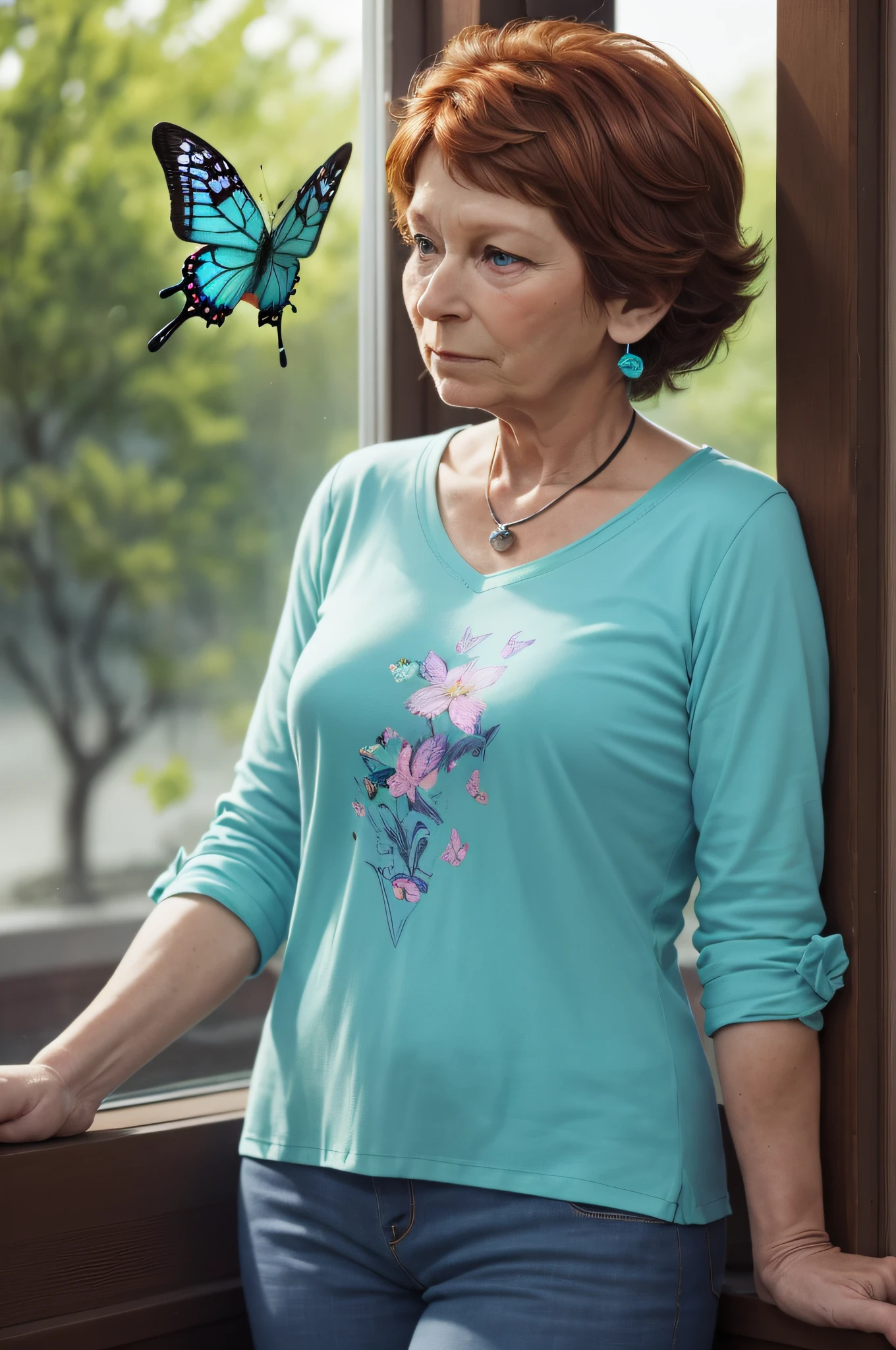 Prompt 5:
Yolande, at the age of 60, stands by a window, lost in thought, a butterfly fluttering around her. The turquoise hue of her t-shirt complements the outside world, and a phosphorescent glow effect adds depth to the scene. The butterfly, with its delicate wings, seems to be drawn to Yolande, creating a magical moment. It's a moment of reflection, with Yolande's contemplative mood and the butterfly's gentle presence setting the tone.