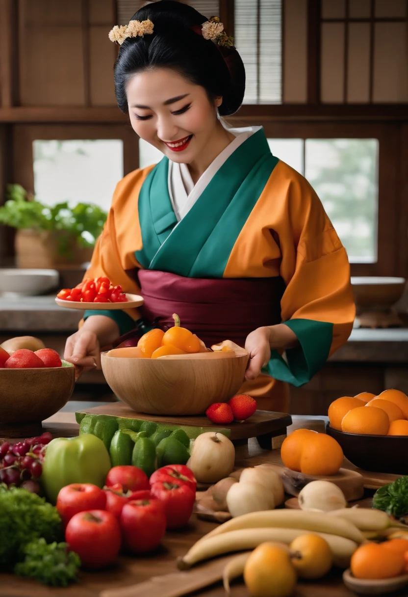 Japan Maiko，Show with a chef's knife，Bright kitchen，Lots of fruits and vegetables，Very happy laugh