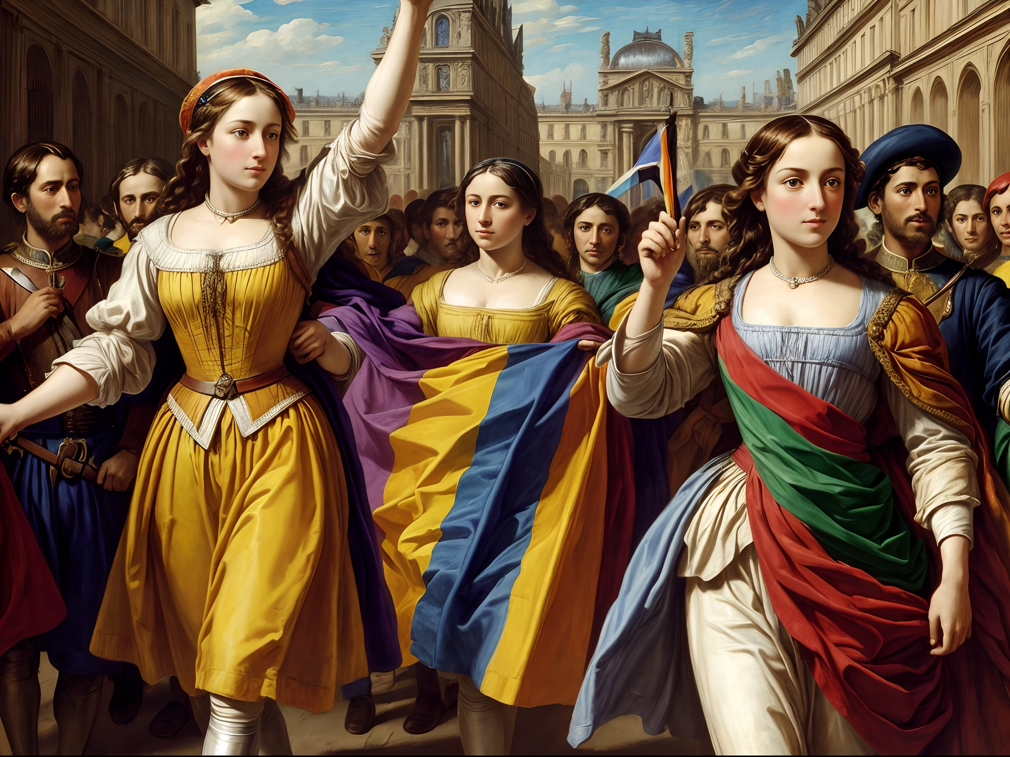 (8K, 16K, award-winning, highest quality, high resolution, super detailed), (Masterpiece: 1.3), (Joan of Arc leading the people with a rainbow flag: 1.6), Eugène Delacroix, Delacroix's masterpiece, The Wind The rainbow flag waving in the sky, the rainbow flag is the seven colors of red, orange, yellow, green, blue, indigo, and violet, famous paintings, oil paintings, parades, July Revolution in France, exhibited at the Louvre, LGBTQ liberation, Detailed face, detailed fingers, anatomically correct