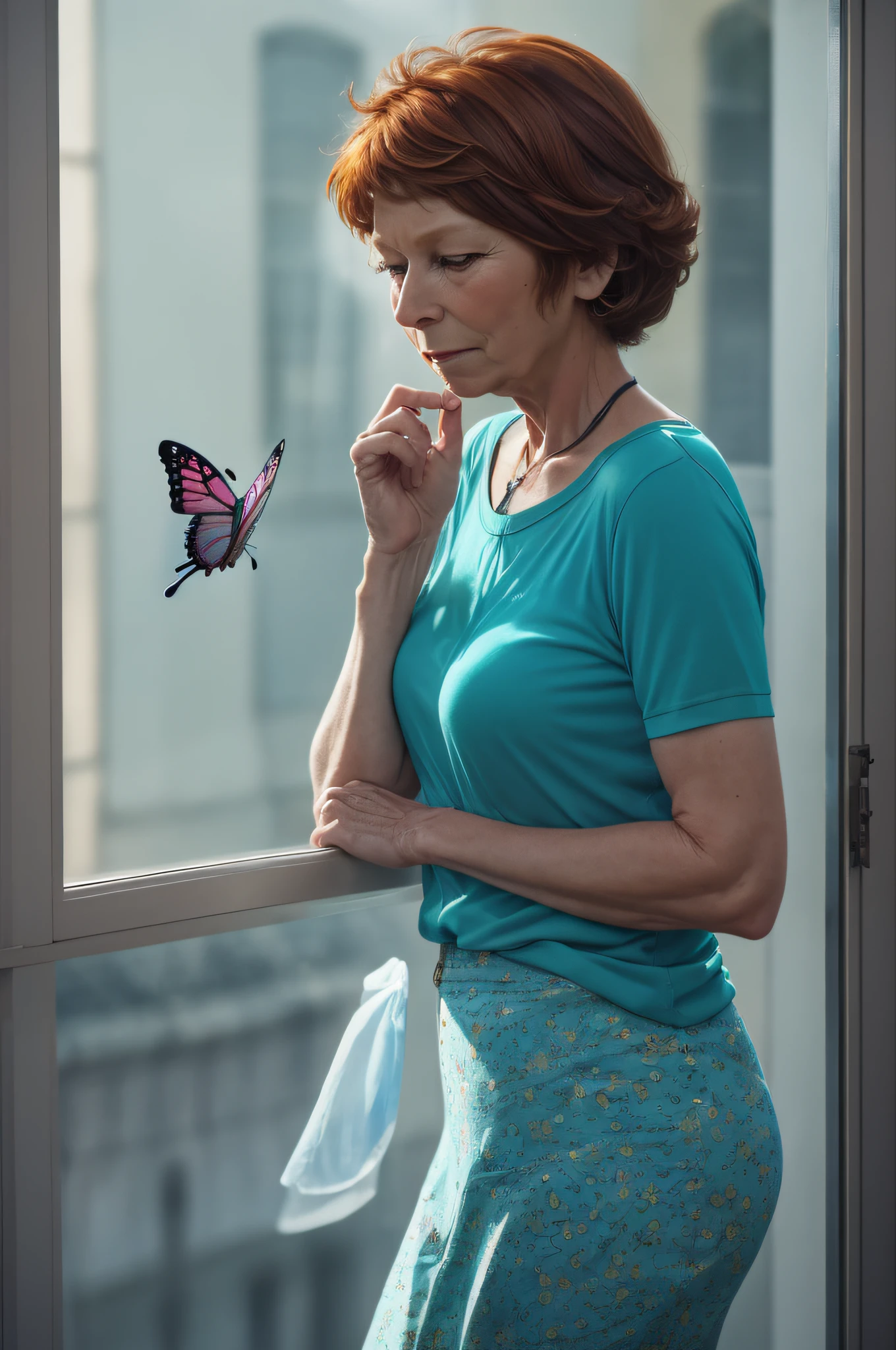 Prompt 5:
Yolande, at the age of 60, stands by a window, lost in thought, a butterfly fluttering around her. The turquoise hue of her t-shirt complements the outside world, and a phosphorescent glow effect adds depth to the scene. The butterfly, with its delicate wings, seems to be drawn to Yolande, creating a magical moment. It's a moment of reflection, with Yolande's contemplative mood and the butterfly's gentle presence setting the tone.