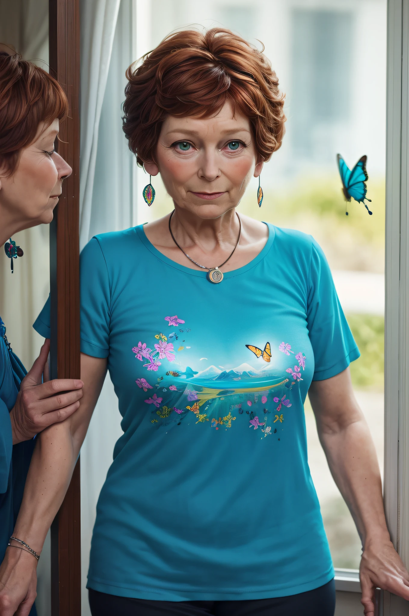 Prompt 5:
Yolande, at the age of 60, stands by a window, lost in thought, a butterfly fluttering around her. The turquoise hue of her t-shirt complements the outside world, and a phosphorescent glow effect adds depth to the scene. The butterfly, with its delicate wings, seems to be drawn to Yolande, creating a magical moment. It's a moment of reflection, with Yolande's contemplative mood and the butterfly's gentle presence setting the tone.