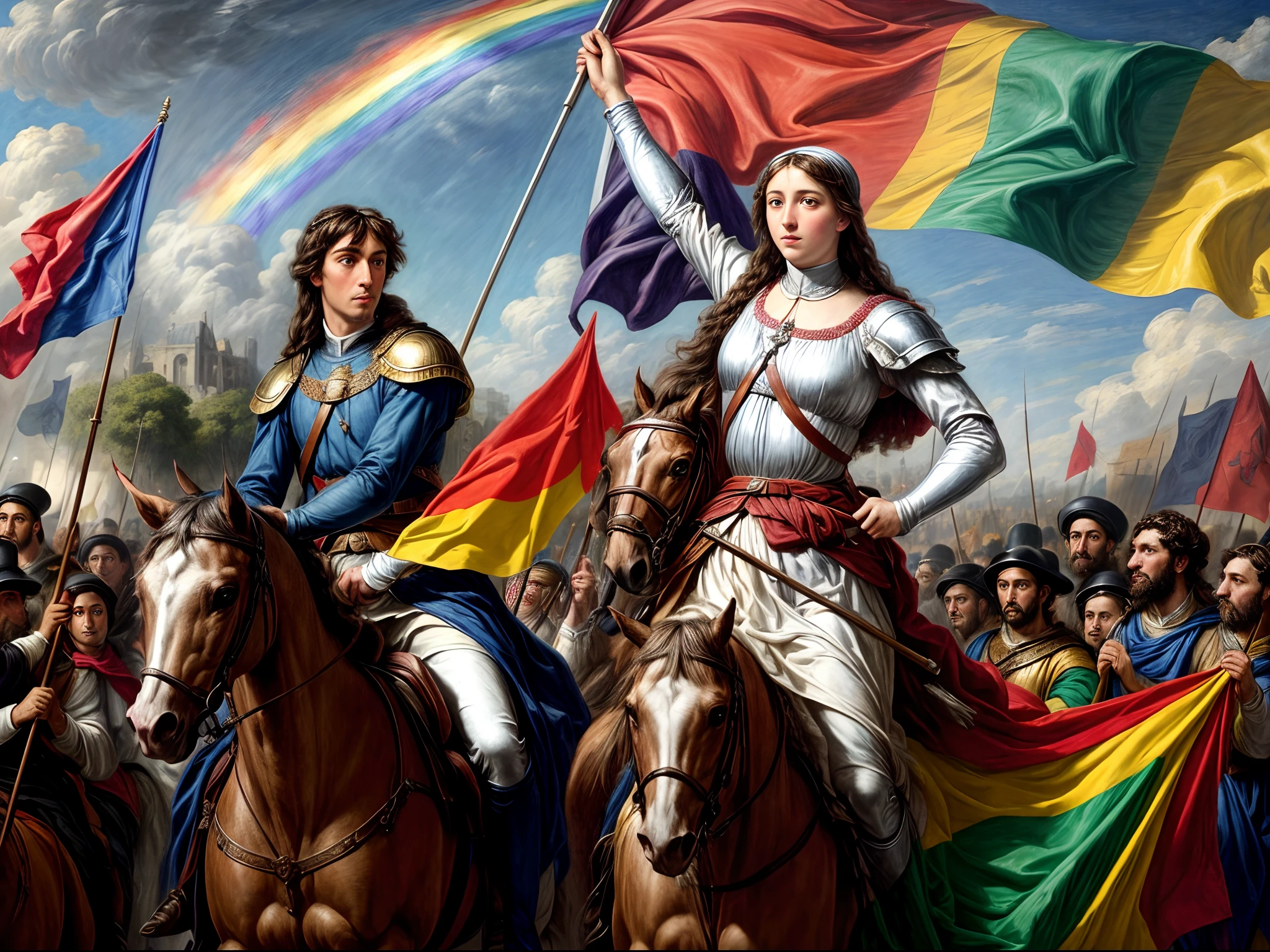 (8K, 16 K, Award-winning, Highest Quality, High resolution, super detailed), (masutepiece: 1.3), Eugène Delacroix, (Joan of Arc with a rainbow flag leads the people: 1.3) ,Delacroix's works, Delacroix's masterpieces, Famous paintings, Oil Painting, LGBTQ, parade, July Revolution in France