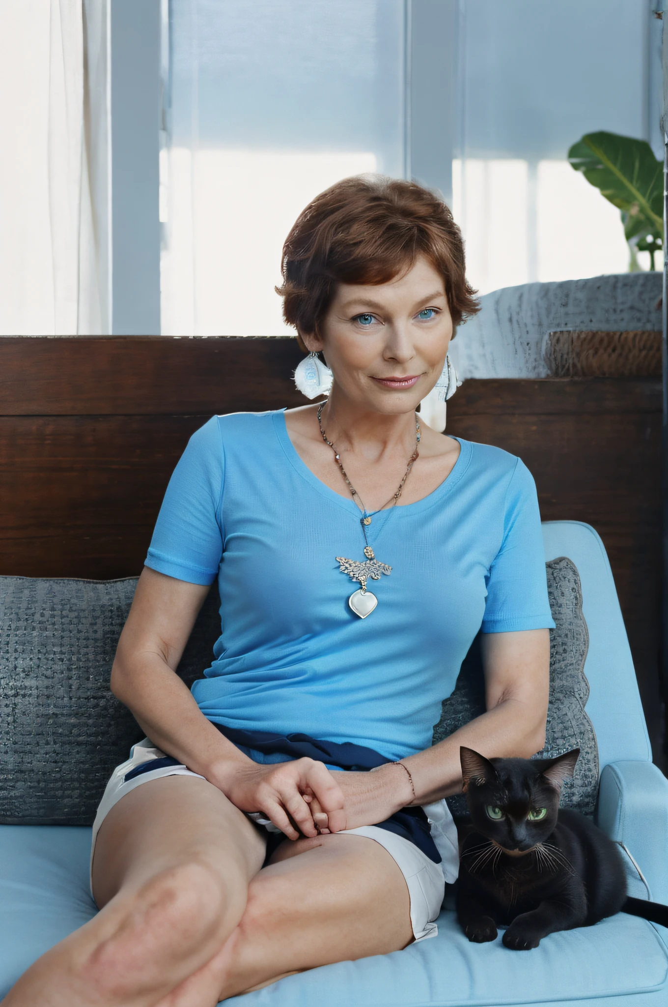 Prompt 2:
Yolande, now in her 60s, reclines gracefully on a chaise lounge, with a curious Siamese cat purring by her side. The sapphire blue of her t-shirt contrasts beautifully with the room's muted tones, emitting a deep azure radiance that feels both calming and invigorating. A soft luminescent glow surrounds her, adding a touch of mystery and allure to the scene. The cat, with its striking blue eyes, seems to be in a trance, captivated by the glow. The light plays tricks on the eyes, making it seem as if Yolande and the cat are part of a dream.
