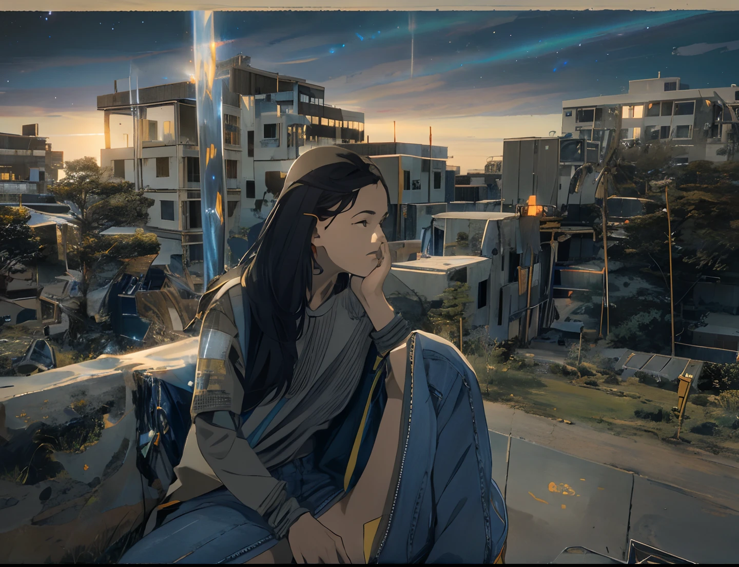 The vast starry sky, the beautiful skyline, the vast grasslands, the extremely tense and dramatic pictures, the moving visual effects, the high-hanging Polaris, and the colorful natural light. A long-sleeved top, denim shorts, and a girl with a backpack.