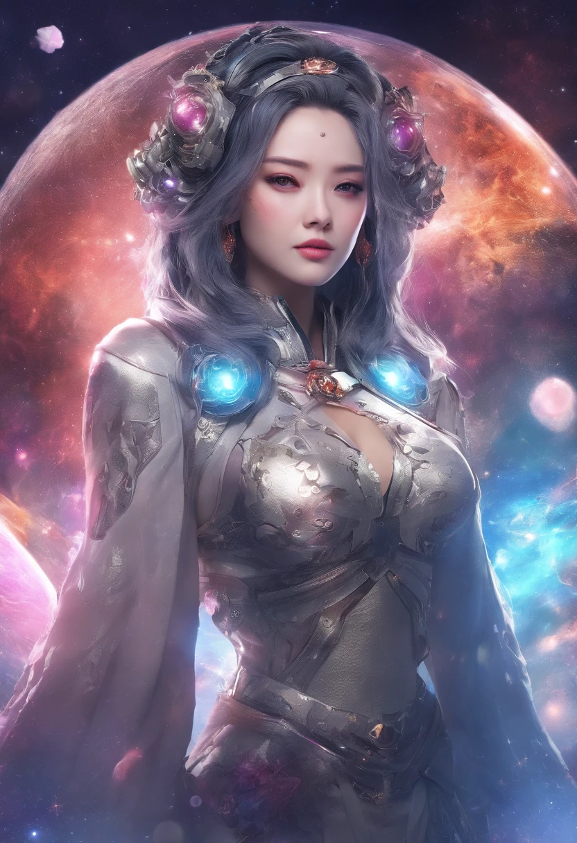 (Highest quality,4K,8k,High resolution,masterpiece:1.2),Very detailed,(Realistic,photoRealistic,photo-Realistic:1.37),Night Sky, Spiritual cosmic beings (Translucent woman:1.5), beautiful, whole body, slender, tall, Front facing, Medium Hair, Black Hair, Straight Hair, 18-year-old, Cybertic, With bangs, cyber punk, Fantasy, dream-like, Astronomical Diagram, 息を呑むほどbeautiful星空, Mysterious Galaxy, Sparkling constellations, Vivid nebulae, Swirling colors, Shining Moon, Shining Northern Lights, Fascinating Stardust, Otherworldly atmosphere, Heavenly brilliance, Infinite Expansion, Heavenly Beauty, Transcendent Existence, Seductive energy, celestial harmony, Heavenly Silence, Space Serenade, An ethereal whisper, Fascinating space dance, The Graciousness of God, Heavenly brilliance, space magic,