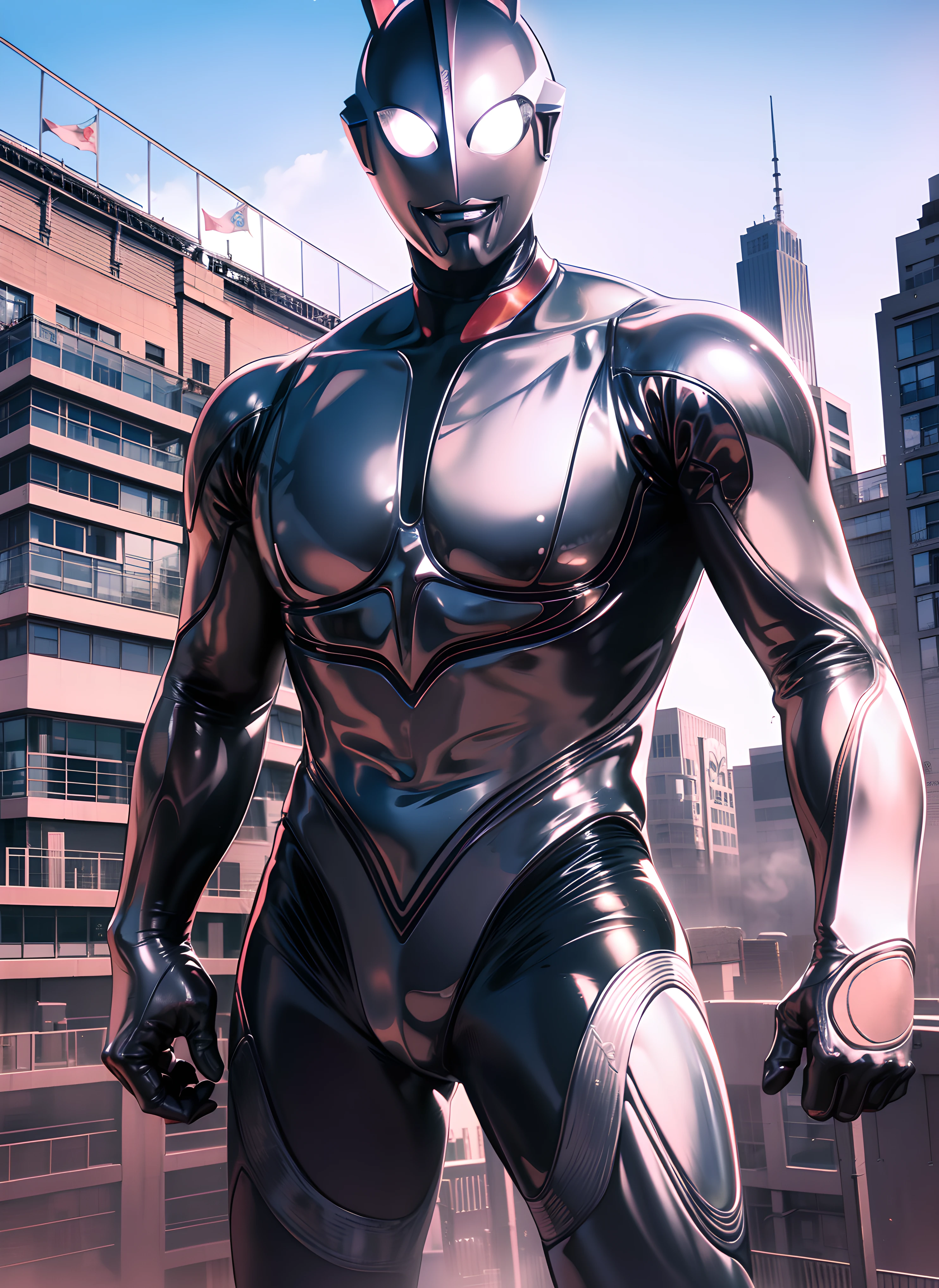 (Masterpiece, Superb Quality, Super Delicate, High Resolution), Male Focus, (((New Ultraman))), ((No Muscles))), (His head is tapered, his body is made of silver, his arms are streamlined, he looks tall and thin, the overall shape is streamlined and modern), (fisting), posing for photos, high angle, dark night, city ruins, background details, (((whole body))), from above, (((sense of greatness)))